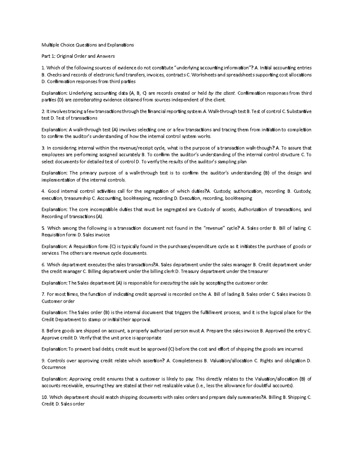 Auditing Multiple Choice Questions & Explanations - CIS AUDIT - Studocu
