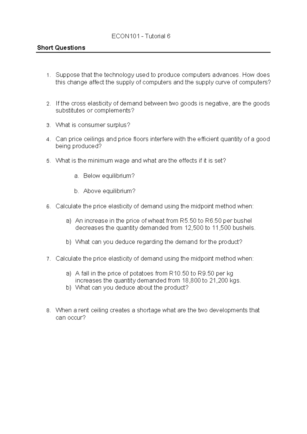 ECON101 Tutorial 6: Short Questions & Key Concepts - Studocu