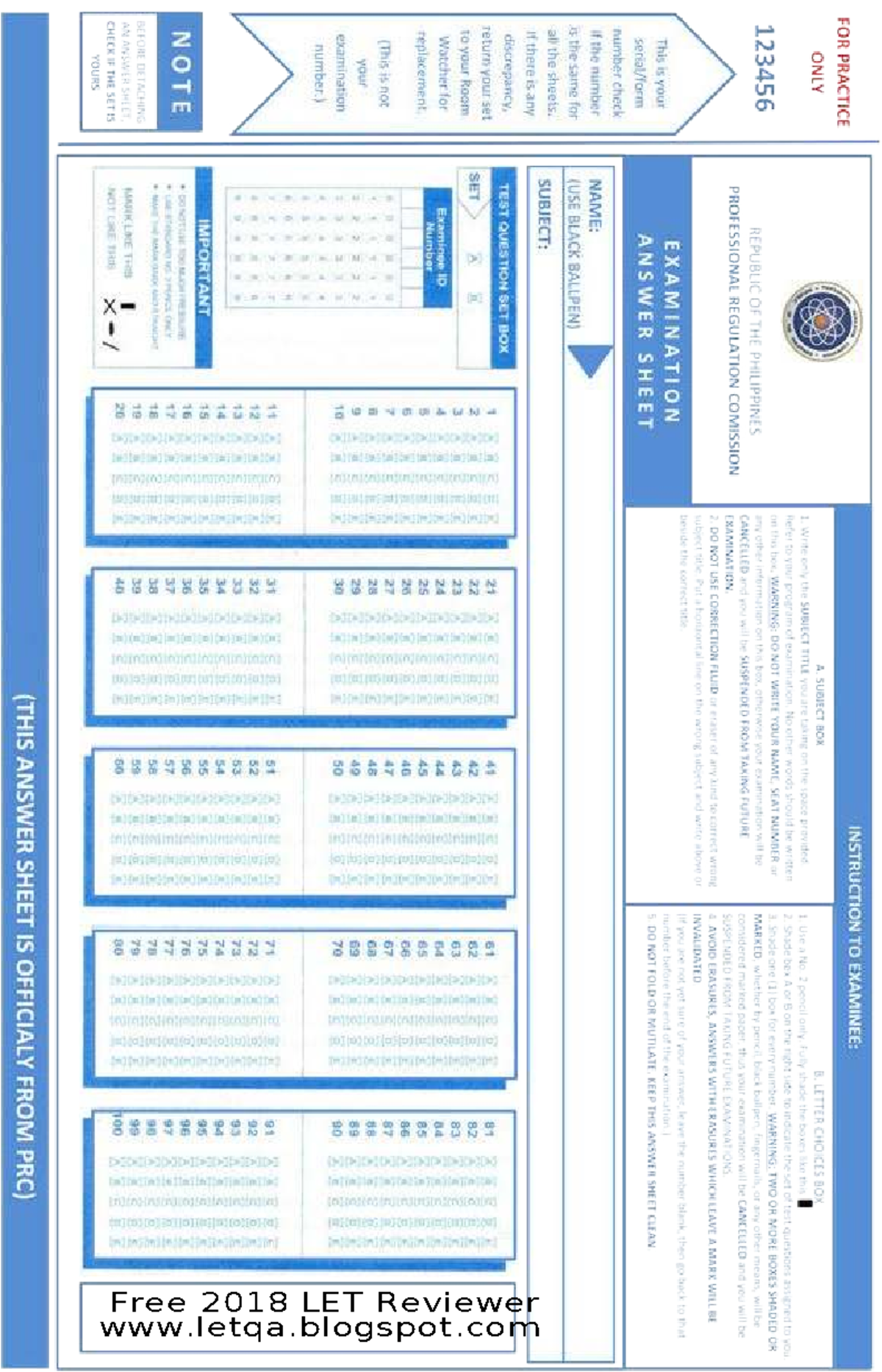 PRC Examination Instructions: Practice Answer Sheet Guidelines - Studocu