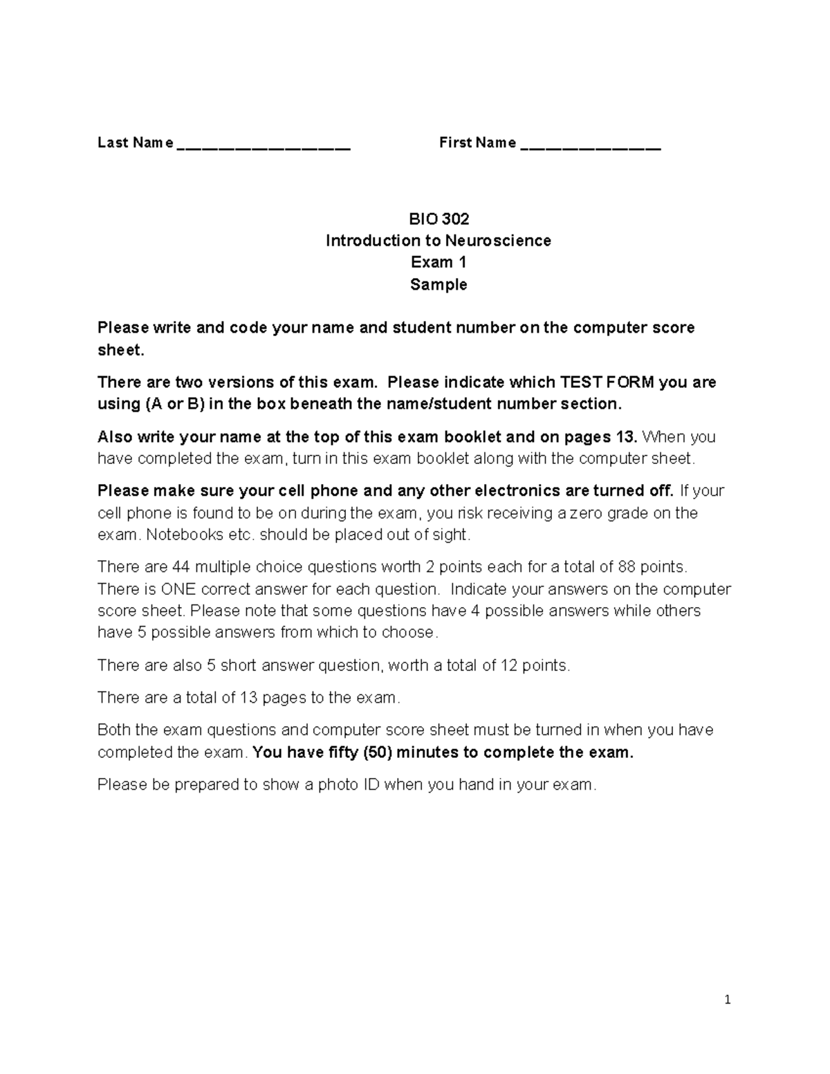 BIO 302 Exam 1 Sample - Practice with MC & Short Answer Qs - Studocu