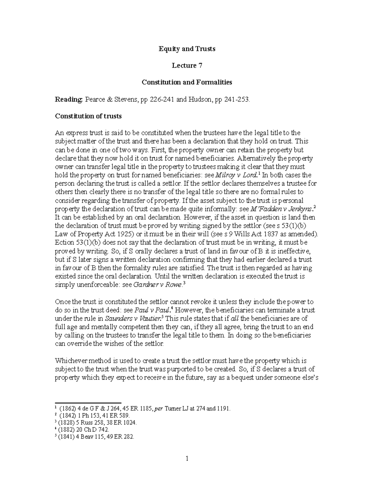 Equity - Lecture 7 - Formalities and constitution - Equity and Trusts ...