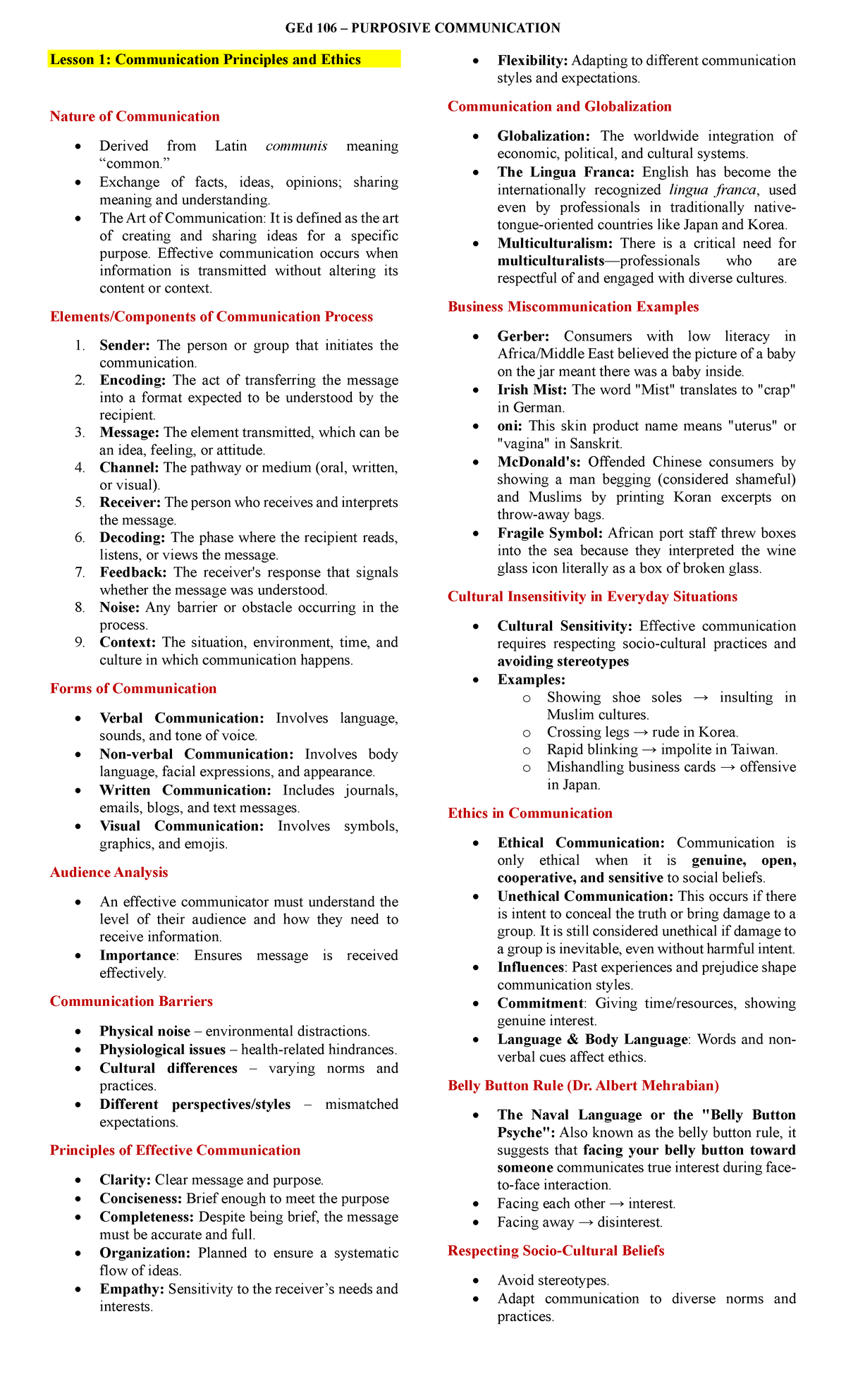 GEd 106 PURPOSIVE COMMUNICATION Lesson 1: Principles & Ethics - Studocu