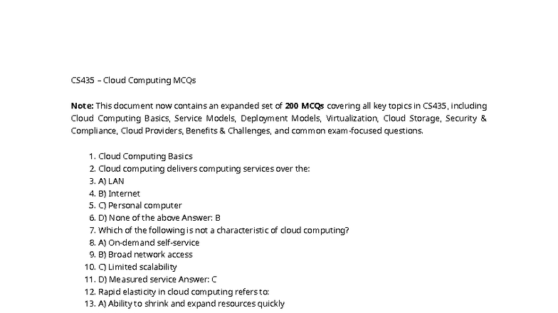 CS435 Cloud Computing Expanded MCQs: 200 Key Questions - Studocu