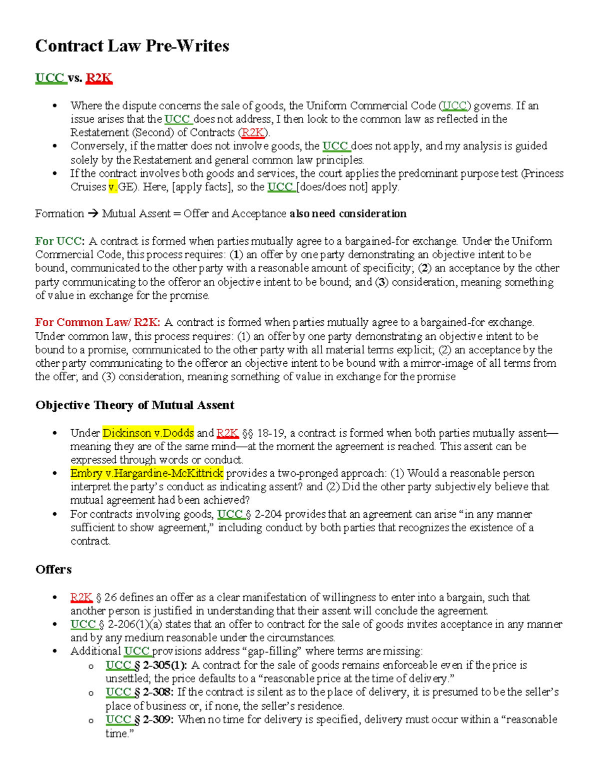 Contract Law Outline: UCC vs. R2K Analysis and Key Principles - Studocu
