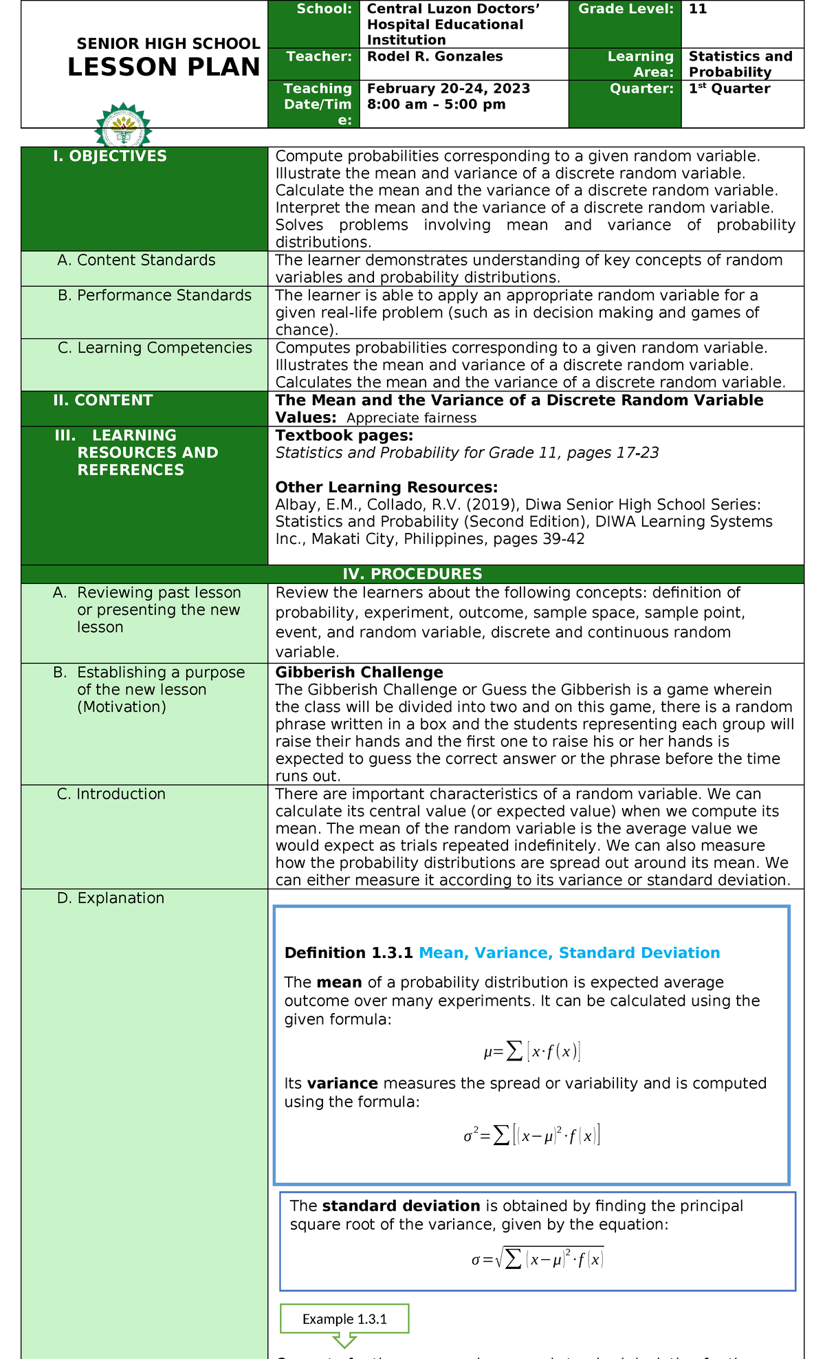 Grade 11 Statistics and Probability Lesson Plan: Mean & Variance - Studocu