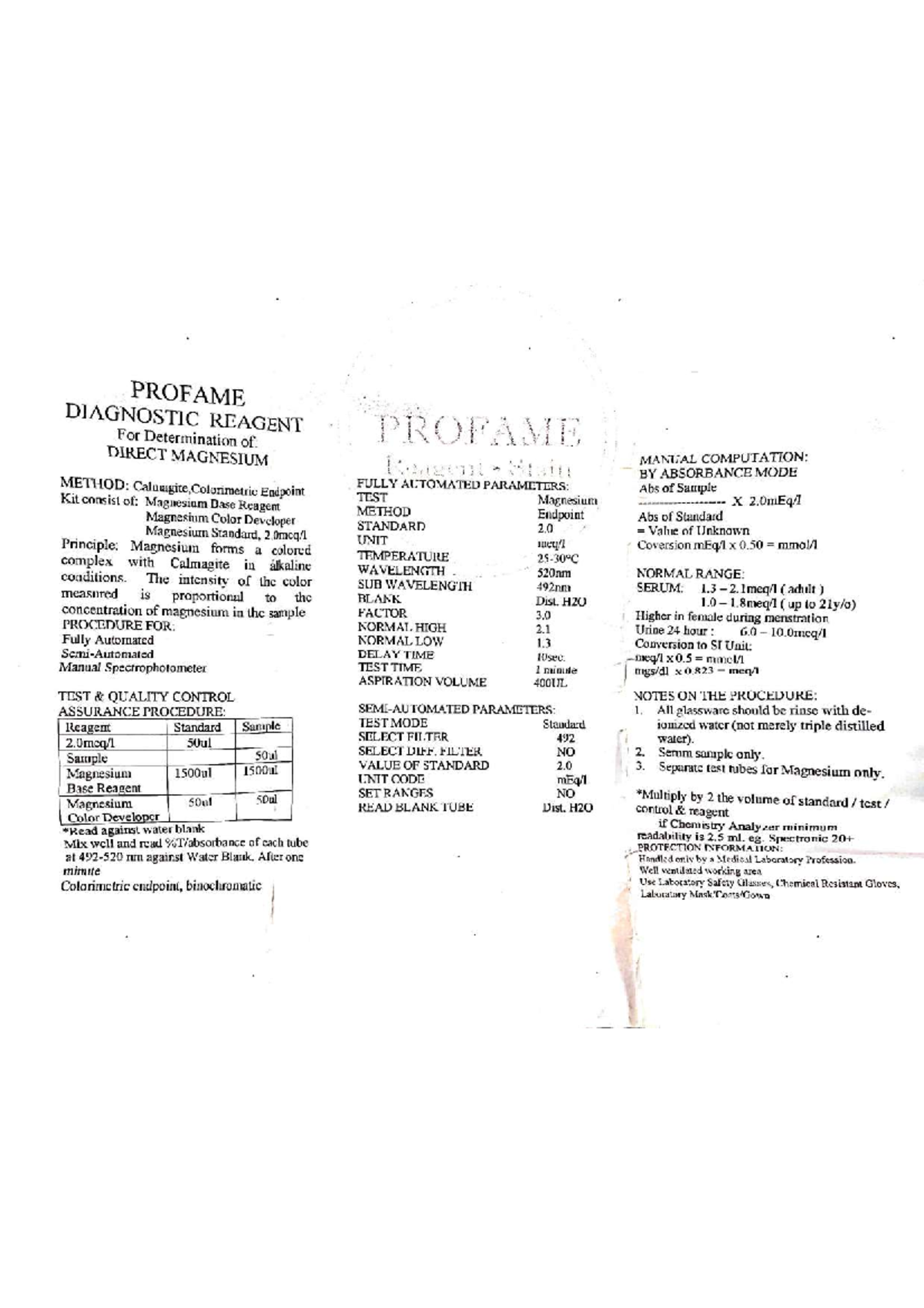 Lab Notes on PROFAME Diagnostic Reagent for Magnesium Determination CC2 ...
