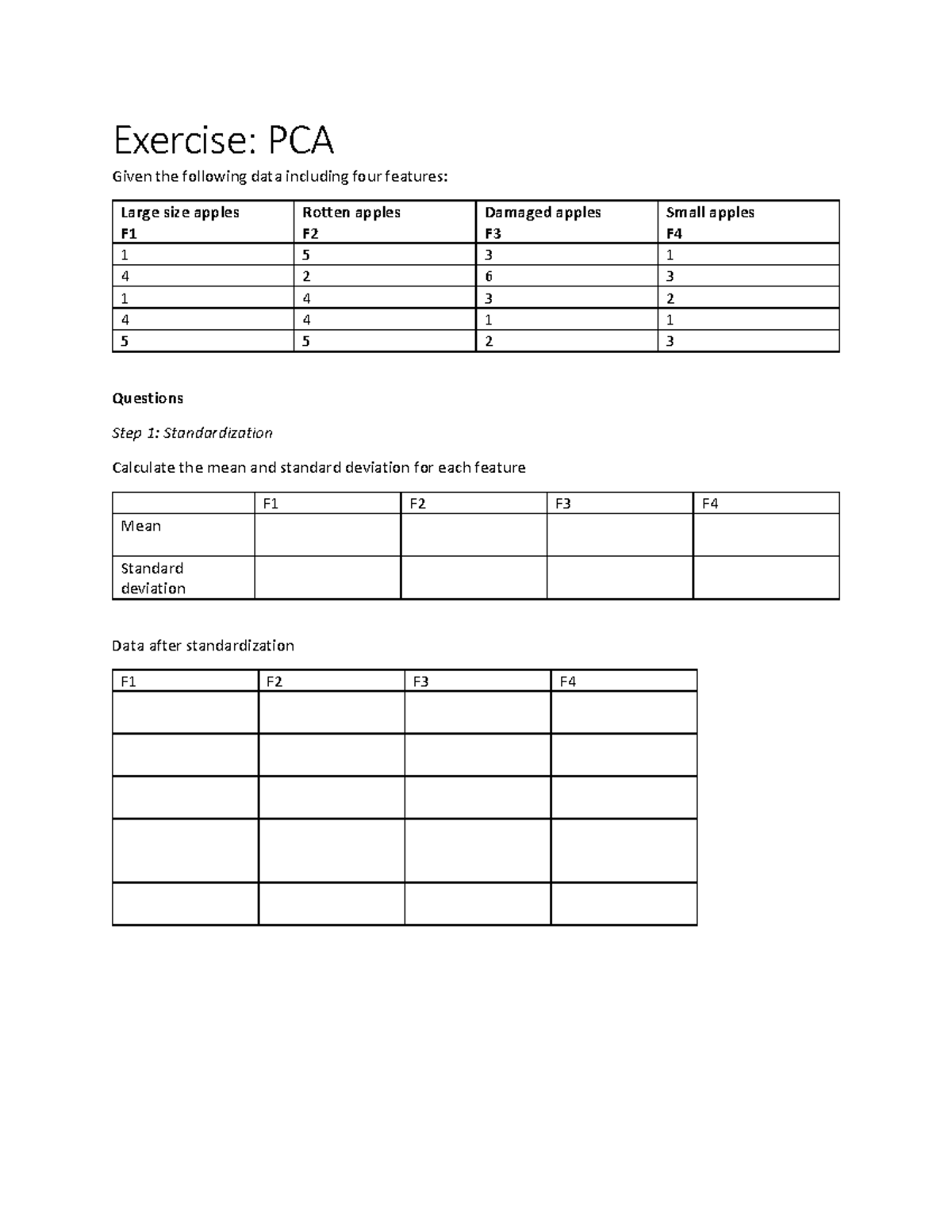 PCA_inclass_exercise - Exercise: PCA Given the following data including ...