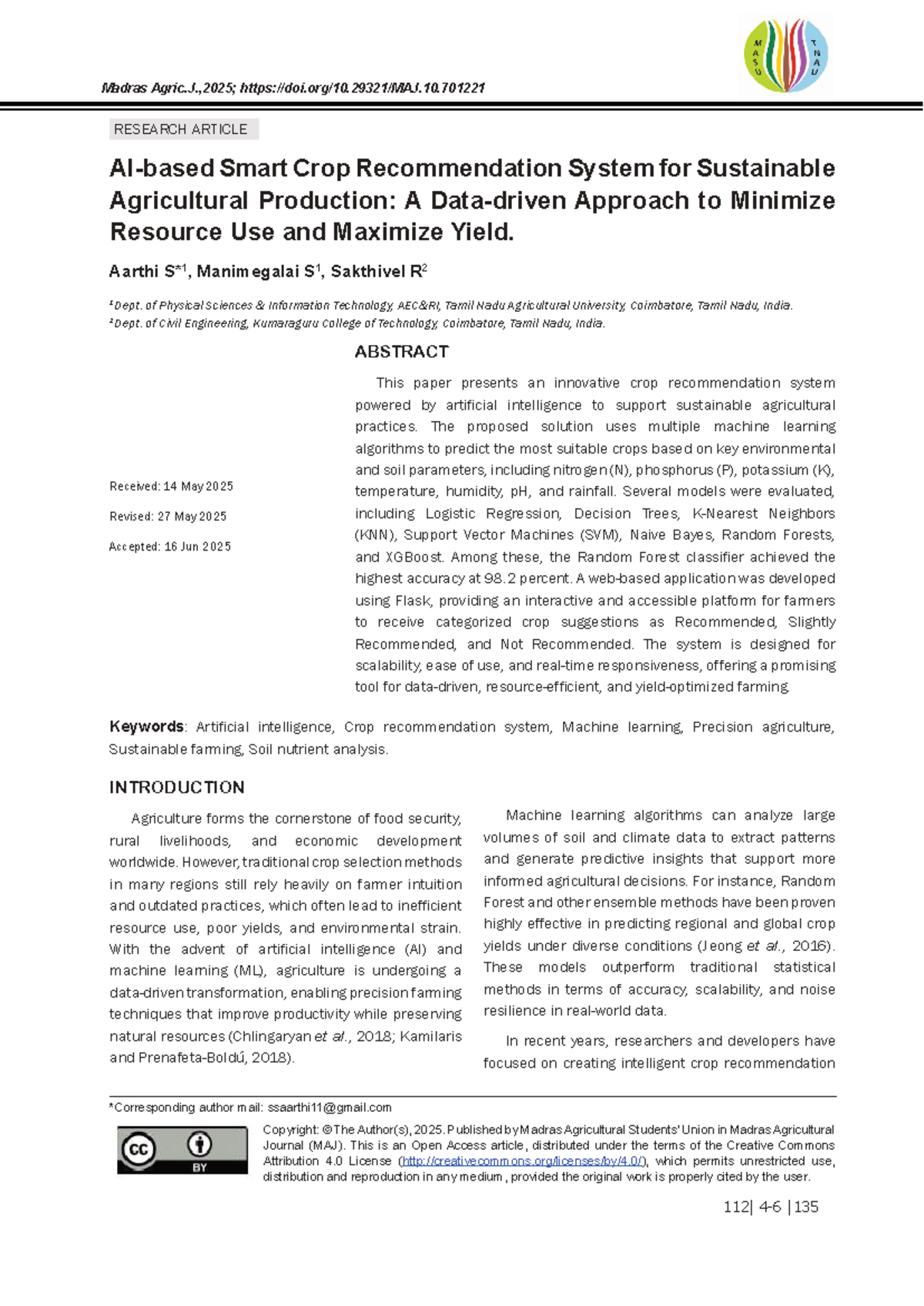 MAJ 2025: Smart Crop Recommendation System for Sustainable Agriculture ...
