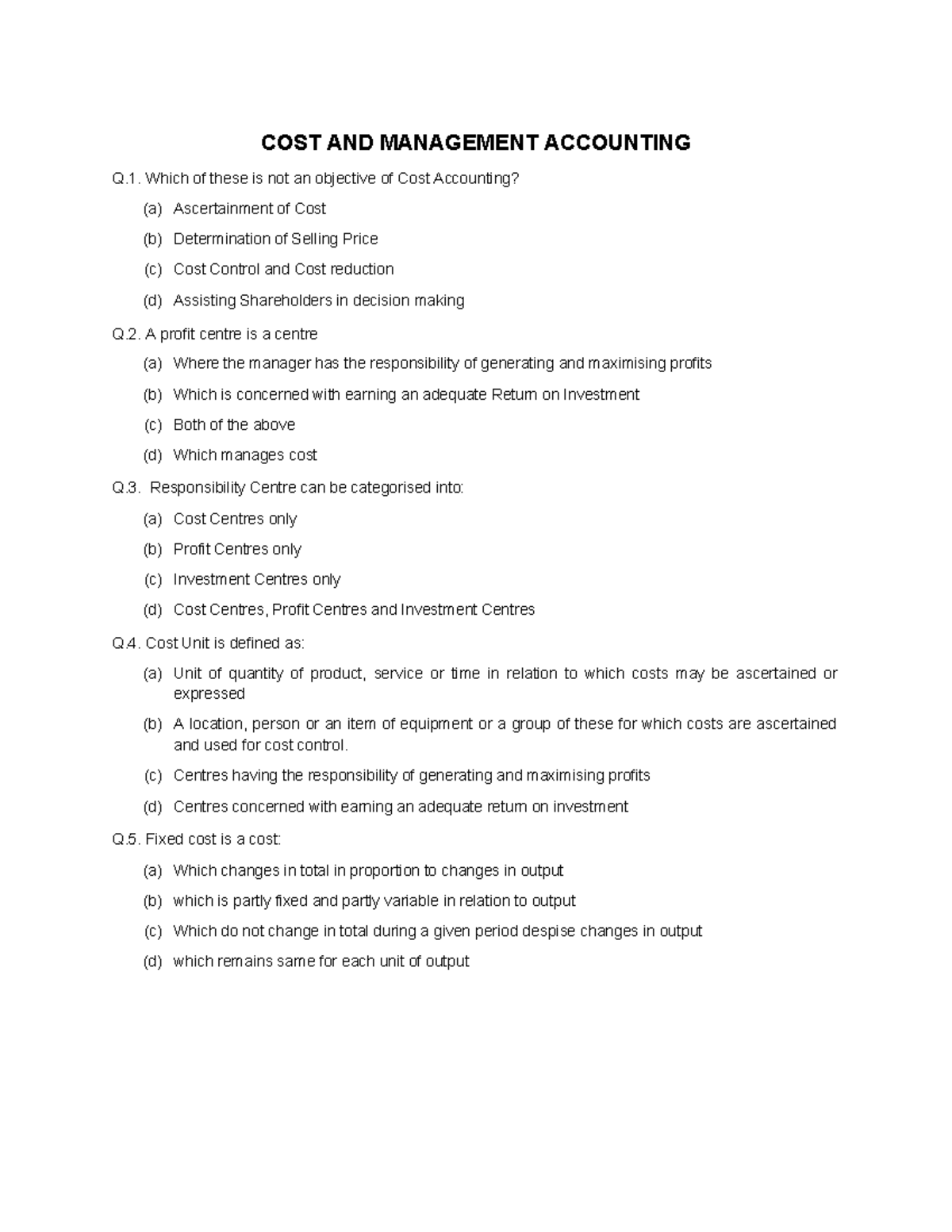 Cost and Management Accounting MCQs - ACCT 101 Final Exam - Studocu