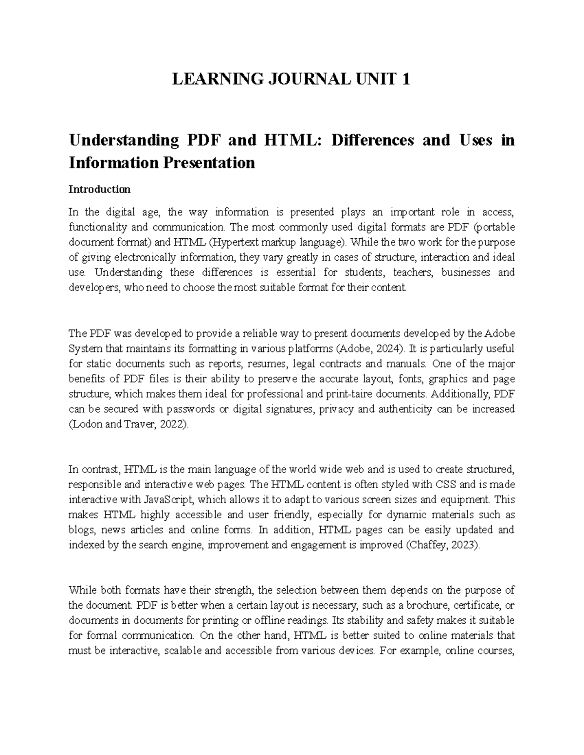 Learning Journal UNIT 1: PDF vs. HTML in Info Presentation - Studocu