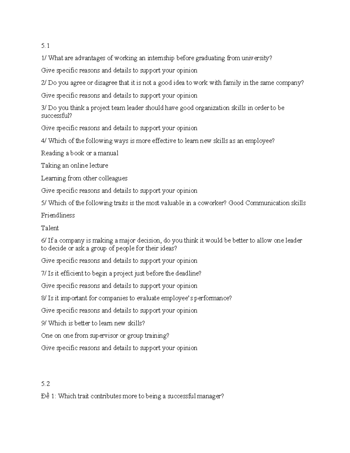 CÂU HỎI Module 5 - Speaking Practice and Discussion Topics - Studocu