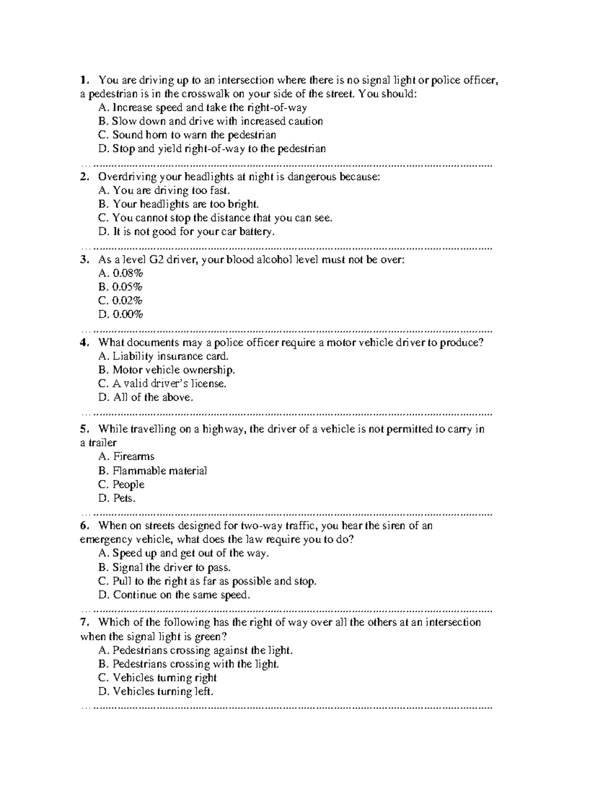G1 Test #2 - Road Safety & Driving Regulations Questions - Studocu