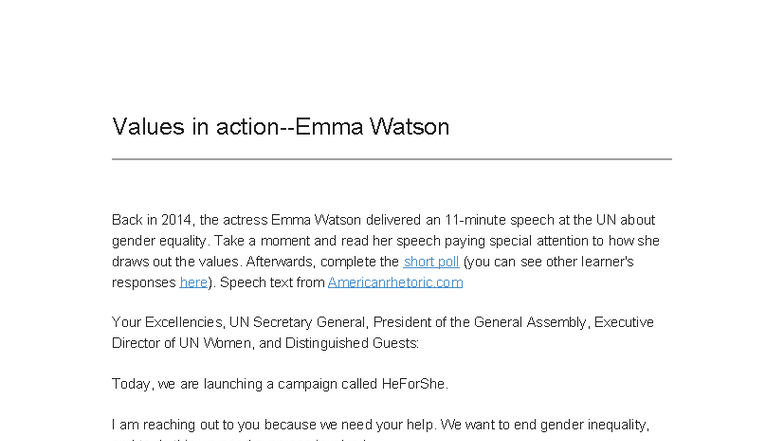 Values in Action: Emma Watson's UN Speech on Gender Equality - Studocu