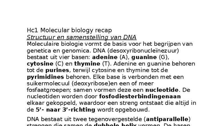 Hc1 Molecular Biology Recap: DNA Structure and Function - Studeersnel