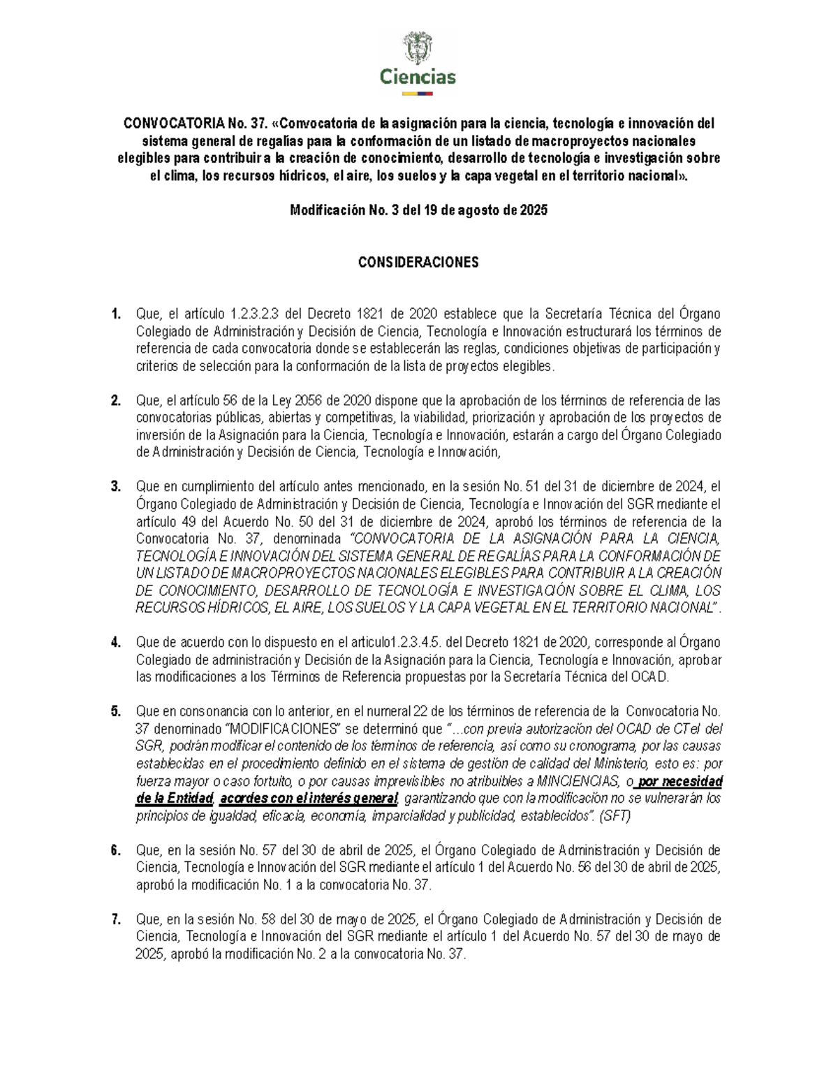 Modificación No. 3 de la Convocatoria 37 para Proyectos de CTeI - Studocu