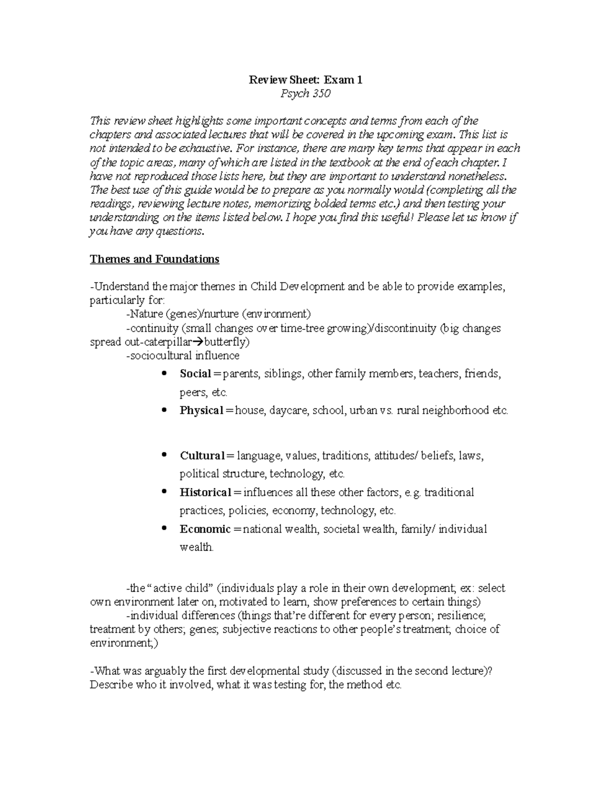 Psych 350 - Developmental Psychology Exam 1 Study Guide Essentials ...