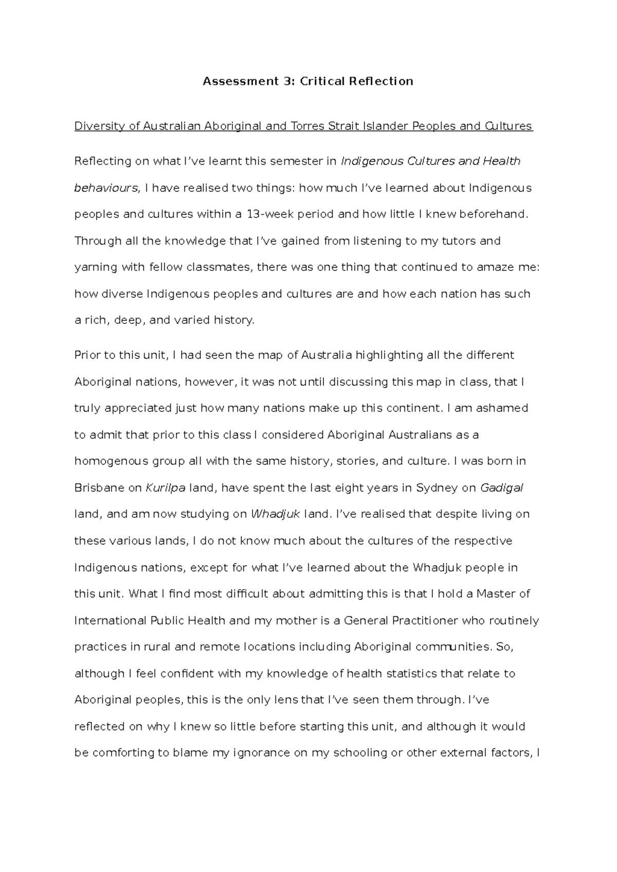 INDI 101: Assessment 3 - Critical Reflection on Aboriginal Diversity ...