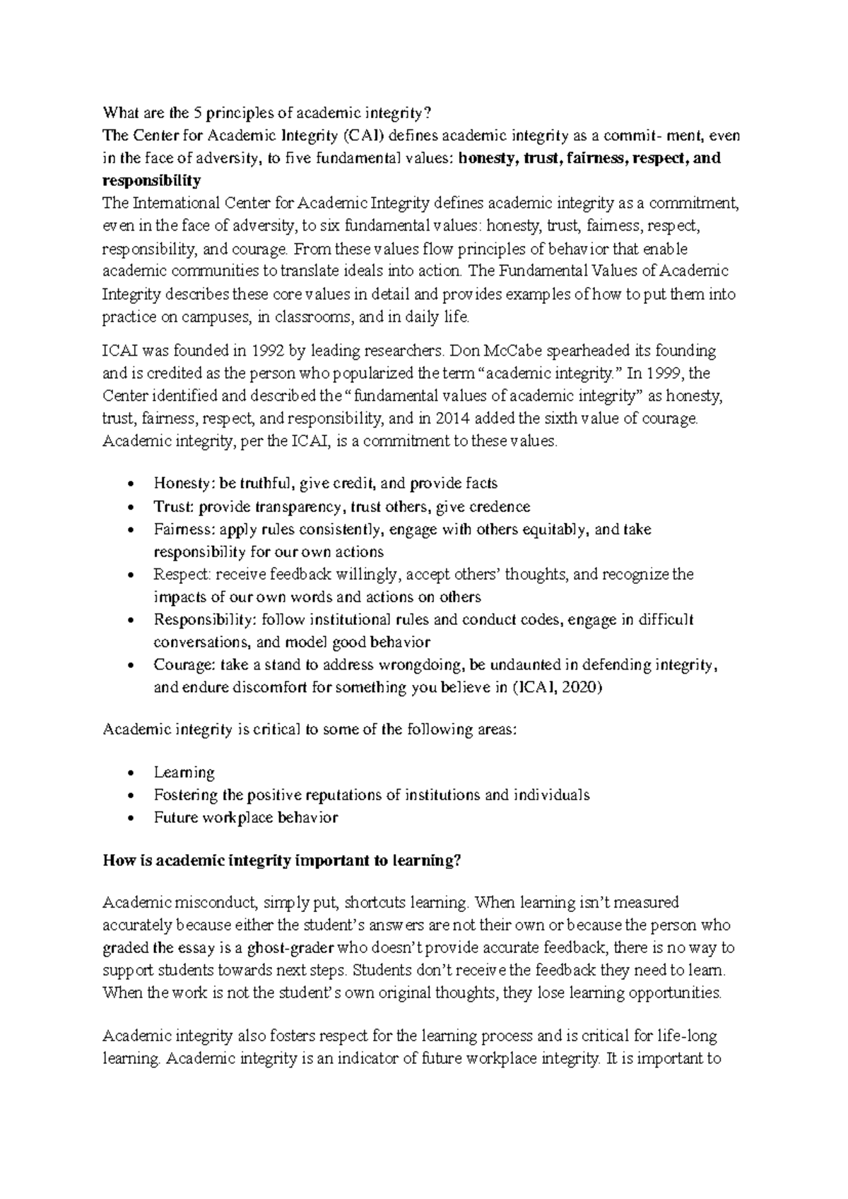 Academic Integrity Principles and Their Importance in Learning - Studocu