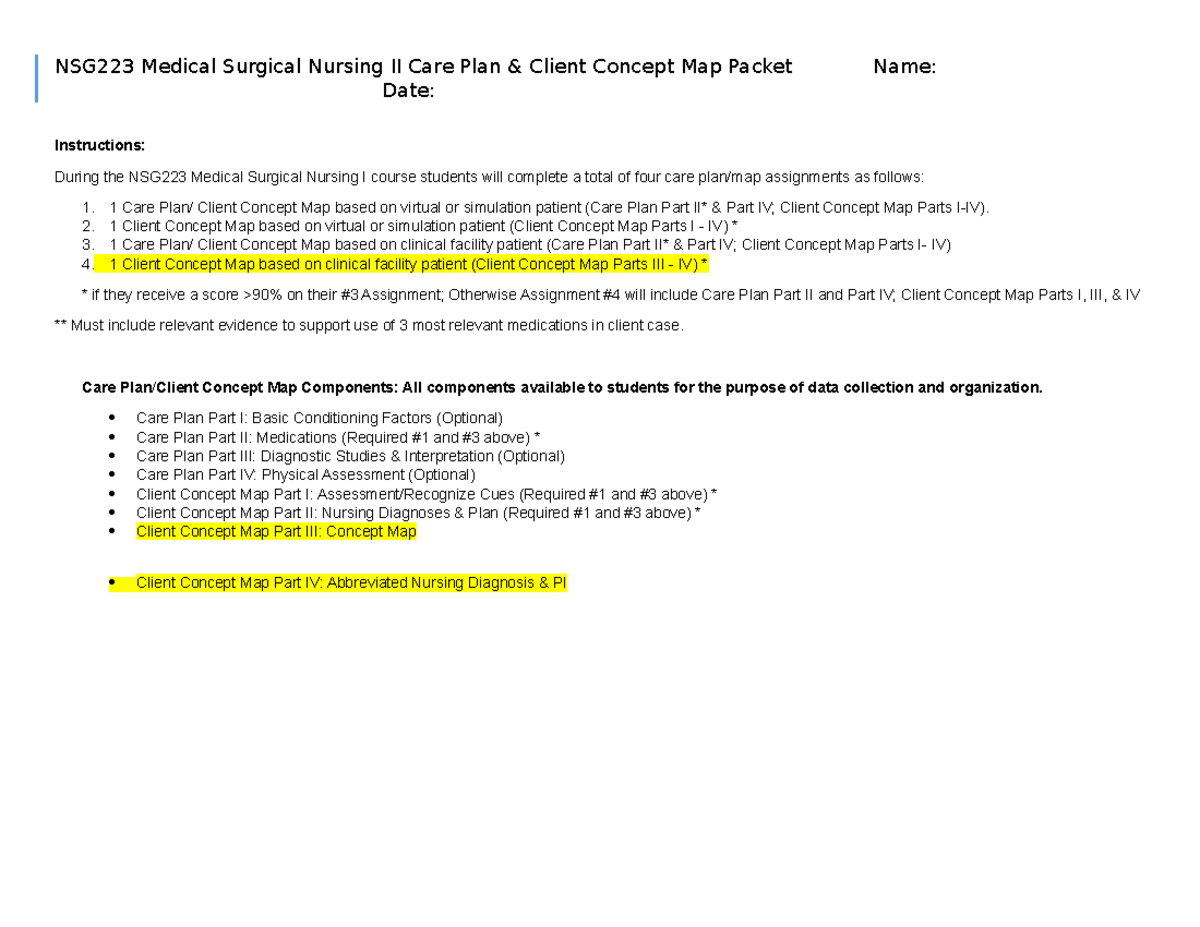 Client Concept Map Sections - NSG223 Medical Surgical Nursing II Care ...