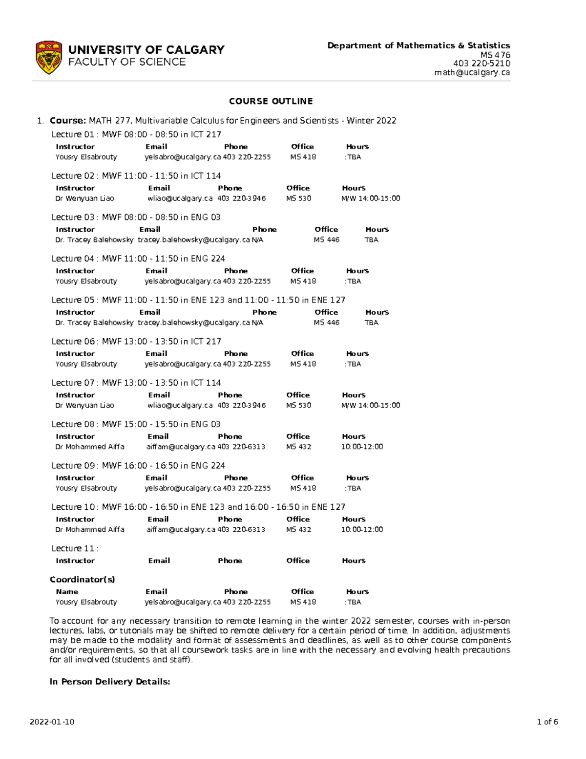 MATH 277 Winter 2022 Course Outline: Multivariable Calculus Details ...