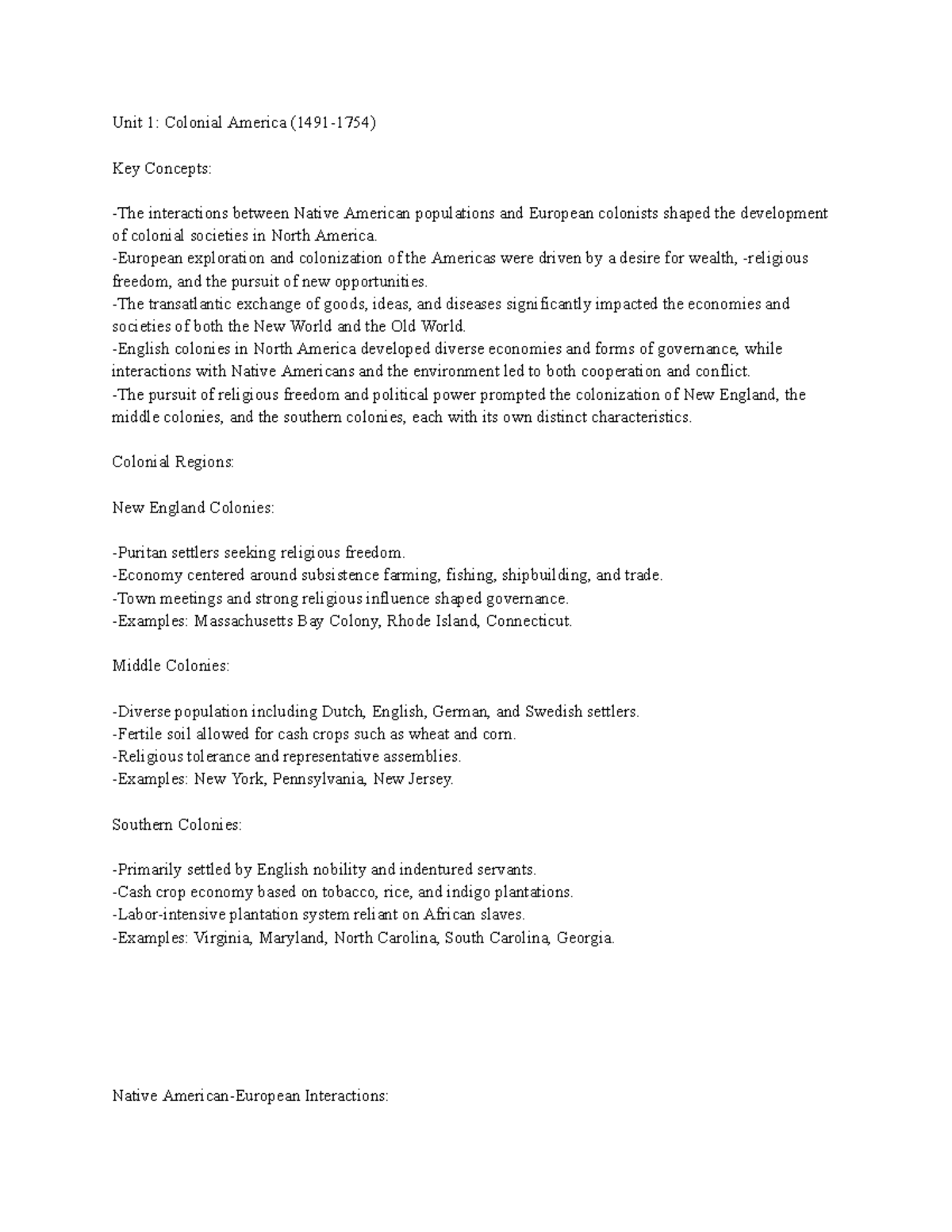APUSH Unit 1: Colonial America Overview and Key Concepts (1491-1754 ...