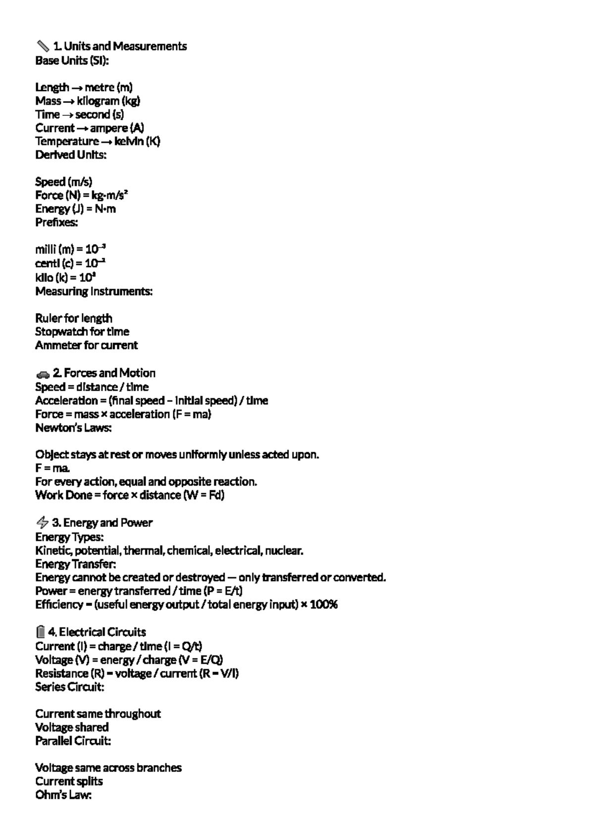 Unit 1 Physics Summary: Units, Measurements, Forces, and Energy - Studocu