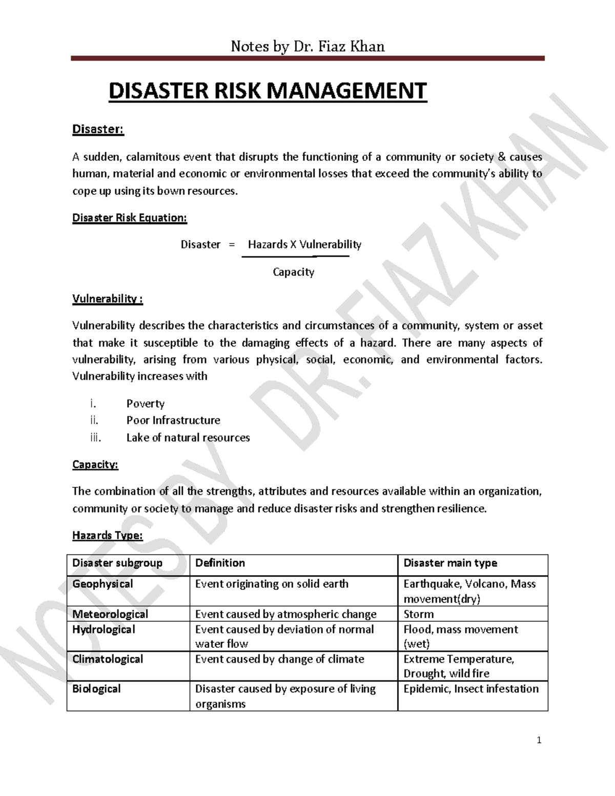 Disaster Risk Management Notes - Dr. Fiaz Khan (Course Code: DRM101 ...