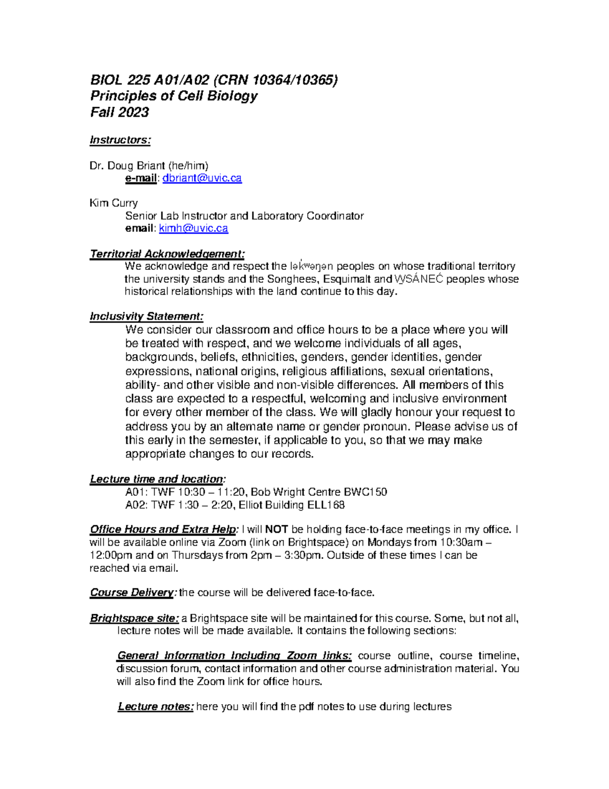 BIOL 225 Syllabus: Principles of Cell Biology - Fall 2023 - Studocu