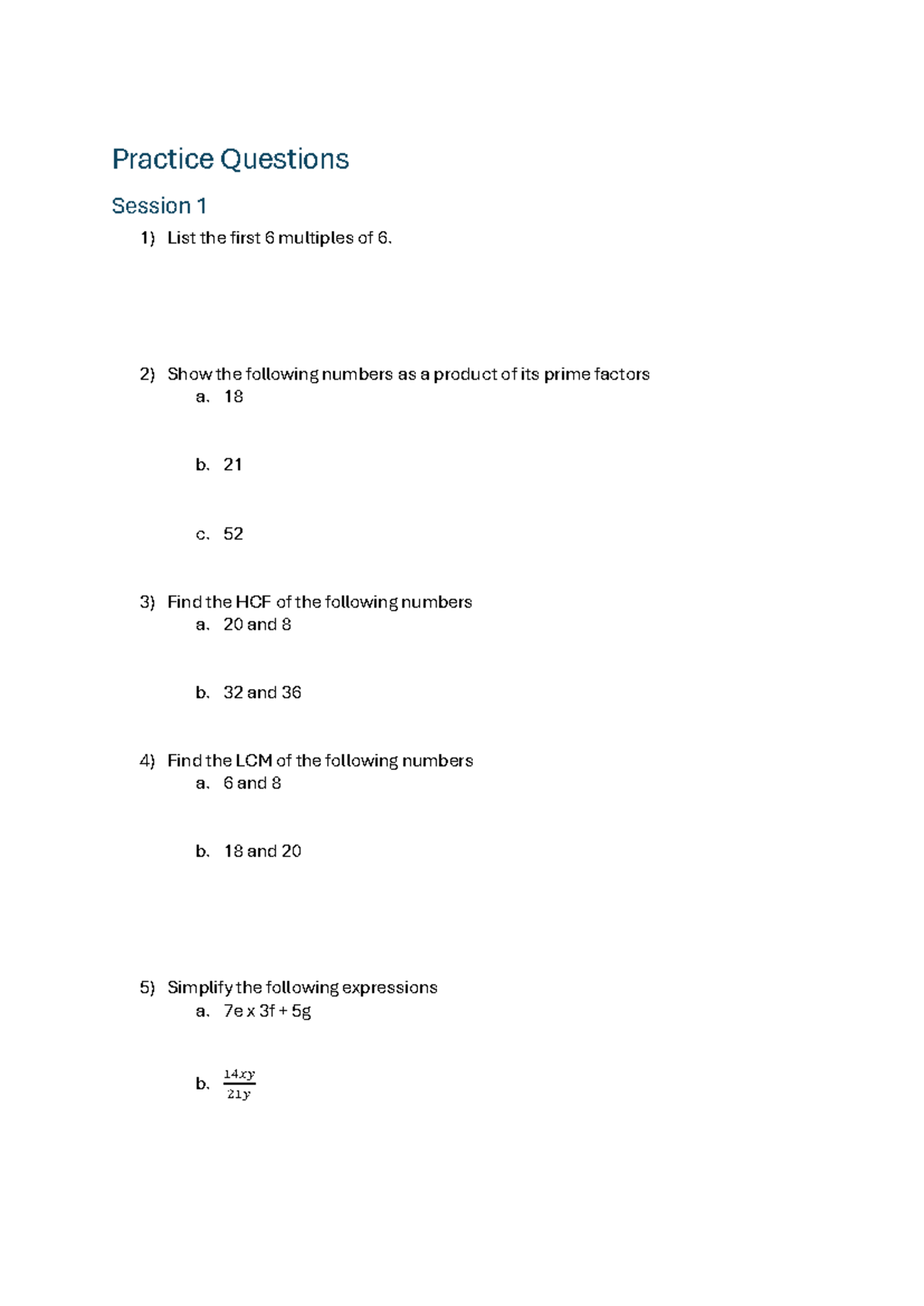 Practice Questions S1 & S2 for Math Concepts and Problem Solving - Studocu
