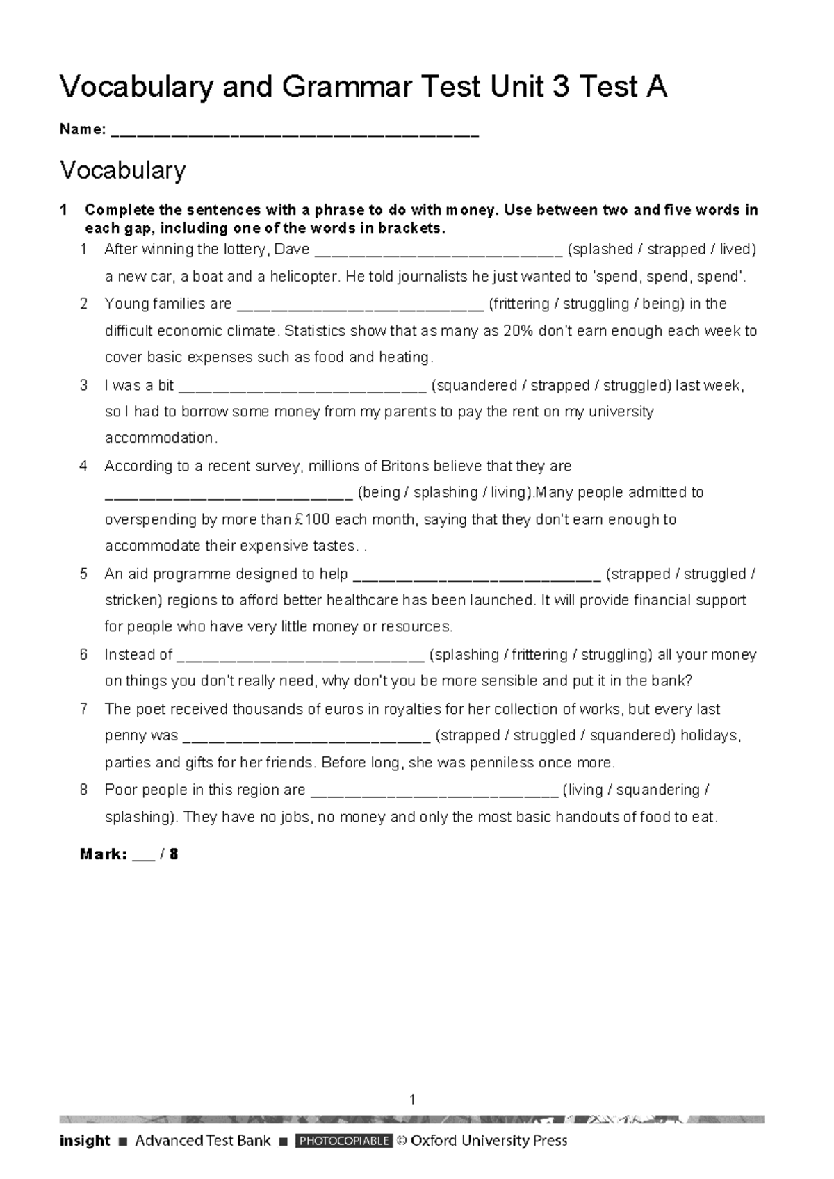 Vocabulary & Grammar Test Unit 3: Test A Review and Practice - Studocu