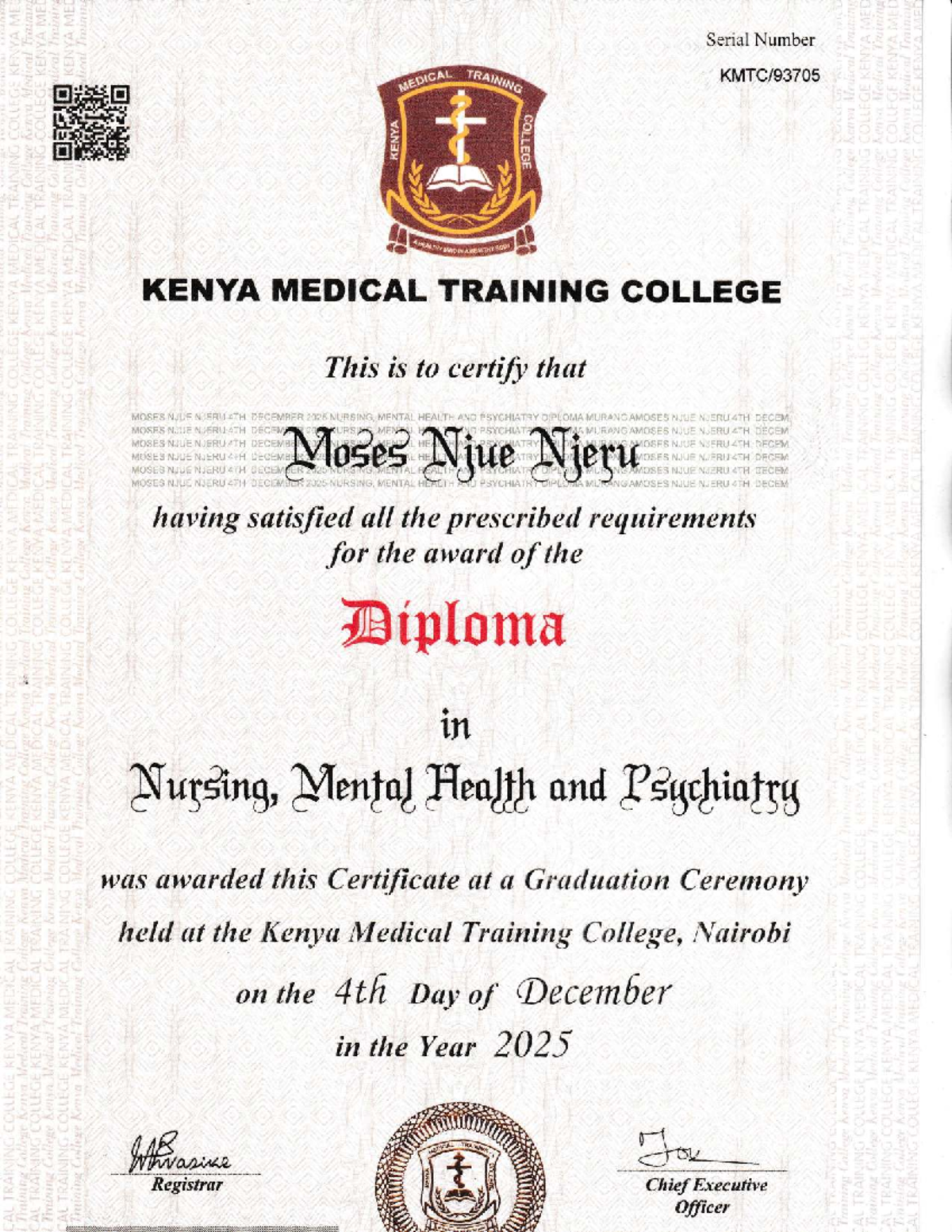 KMTC/93705 Graduation Certificate - Moses Njue Njeru, 2025 - Studocu