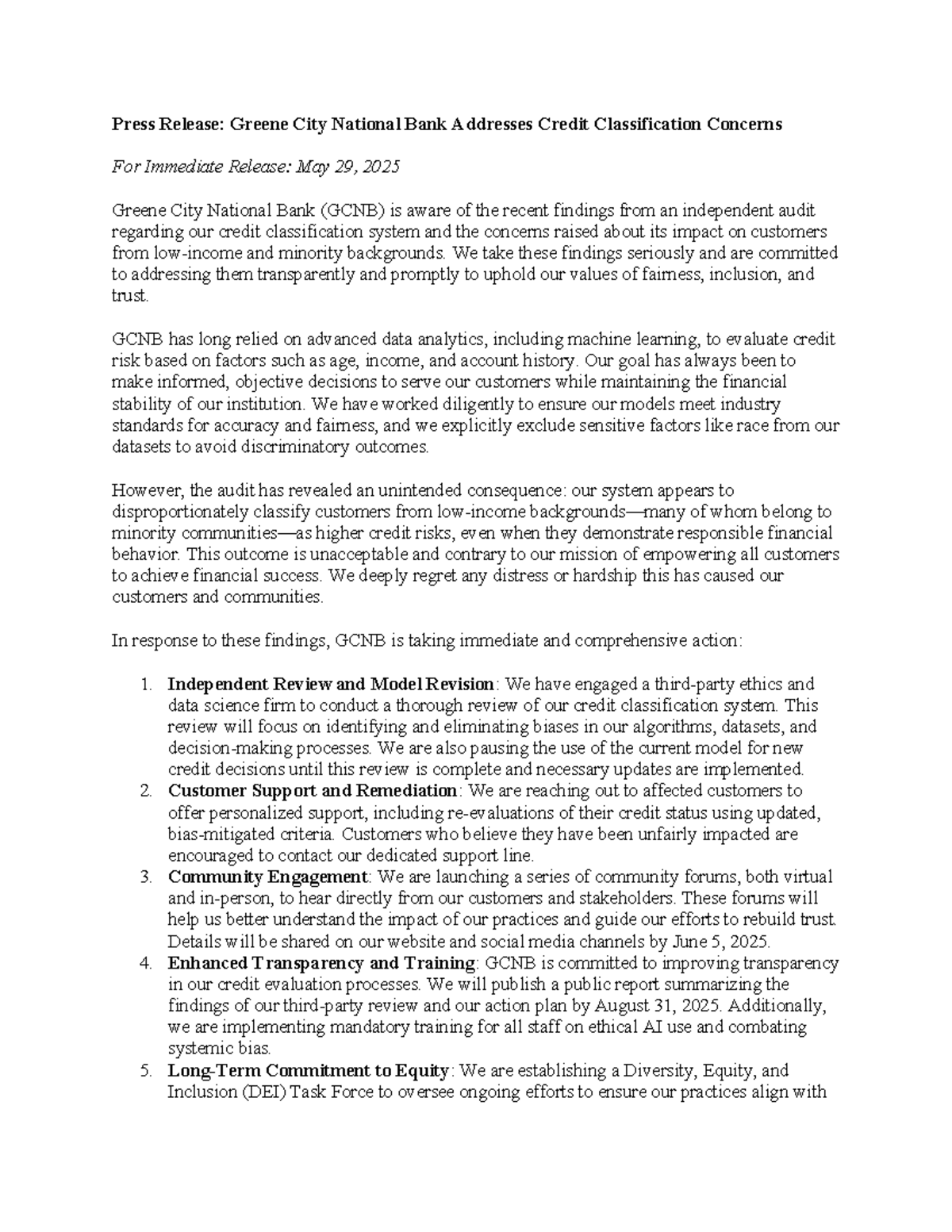 Press Release: GCNB's Response to Credit Classification Audit Findings ...