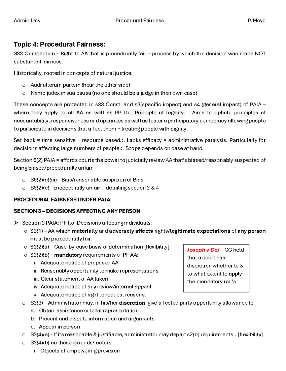 Admin Law P.Moyo: Topic 4 - Procedural Fairness & S33 Rights - Studocu