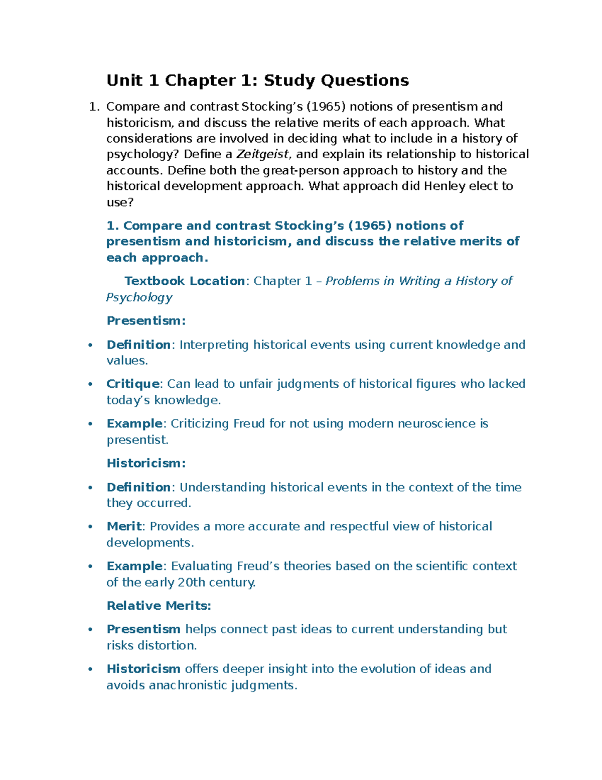 Unit 1 - Chapter 1: Key Concepts and Study Questions in Psychology ...