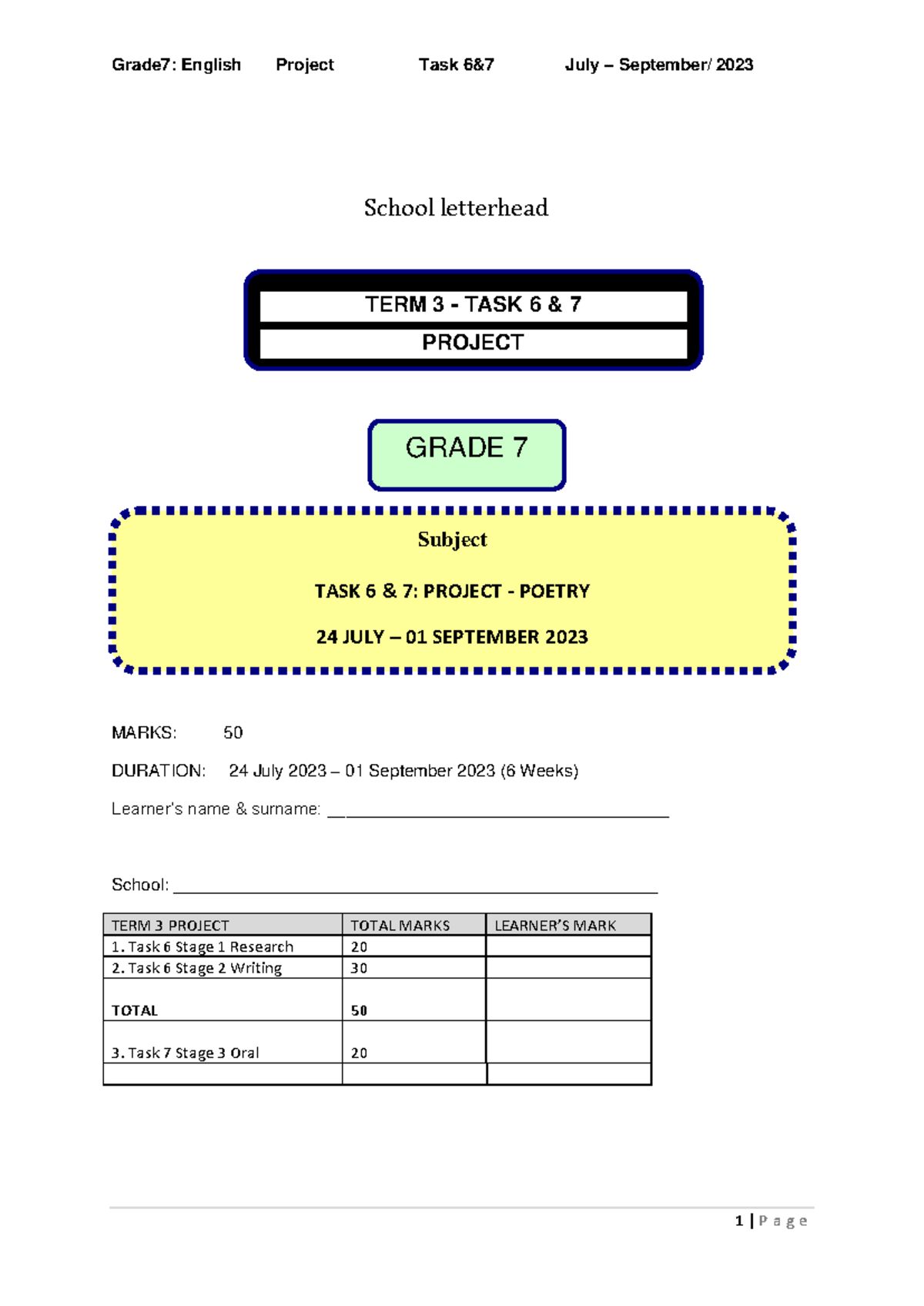 Grade 7 Term 3 Poetry Project Tasks 6 & 7 Overview 2023 - Studocu
