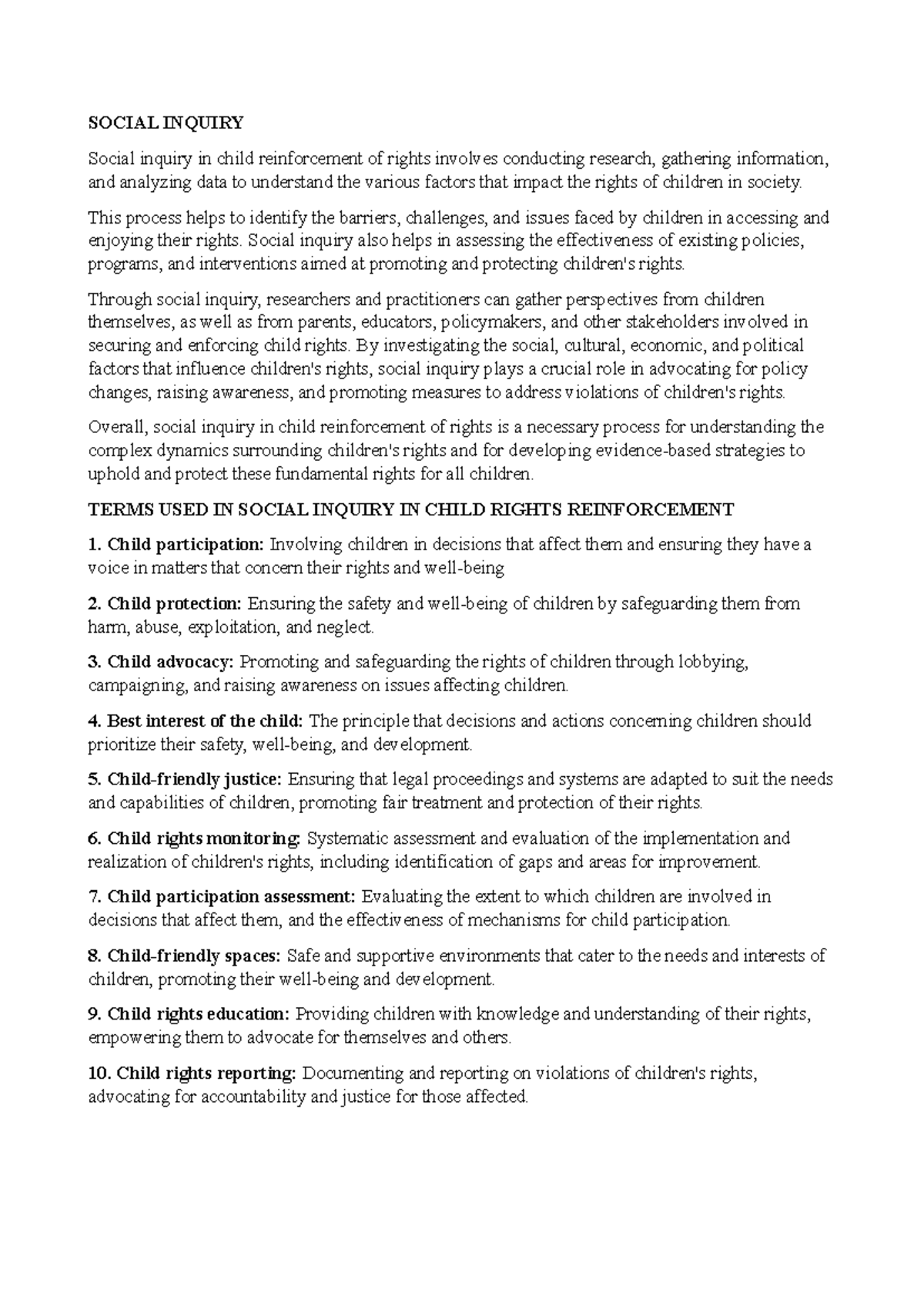 Child Rights Reinforcement Notes: A Social Inquiry Approach - Studocu