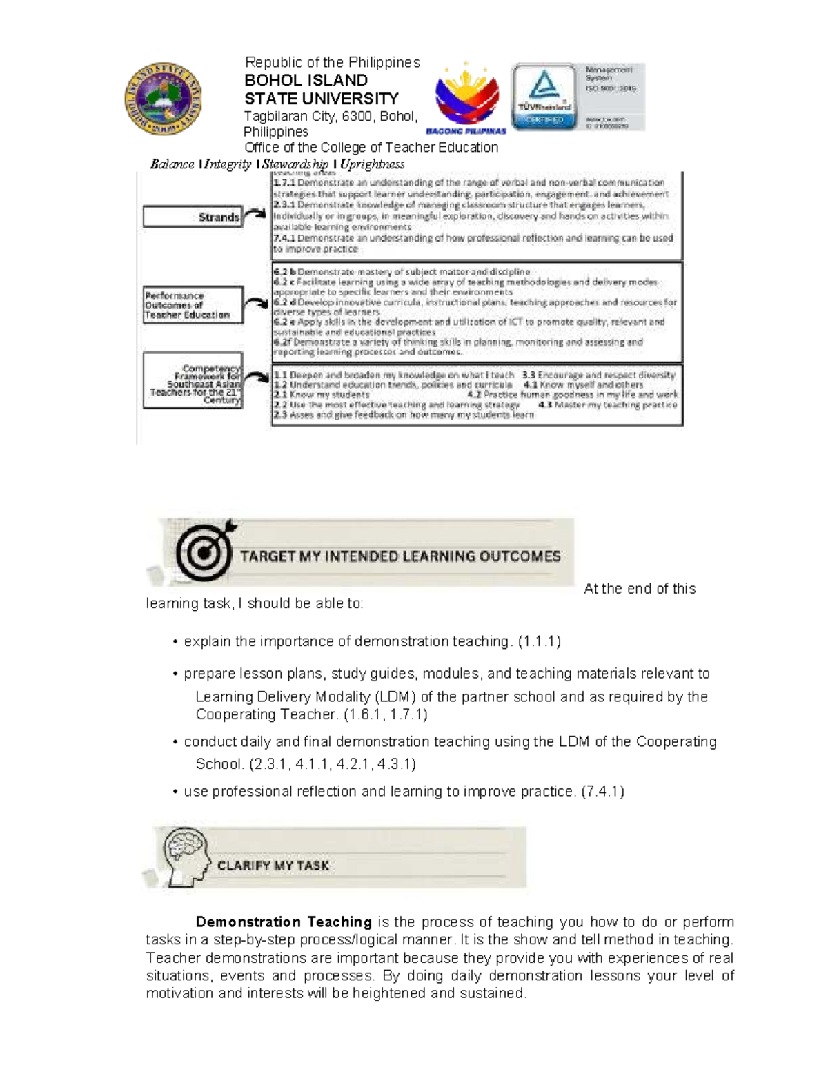 Learning Task 8: Conducting Demonstration Lessons in Teacher Education ...