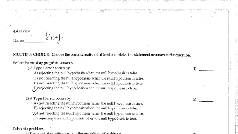 4.4 Review Key: Understanding Type I and Type II Errors in Hypothesis ...