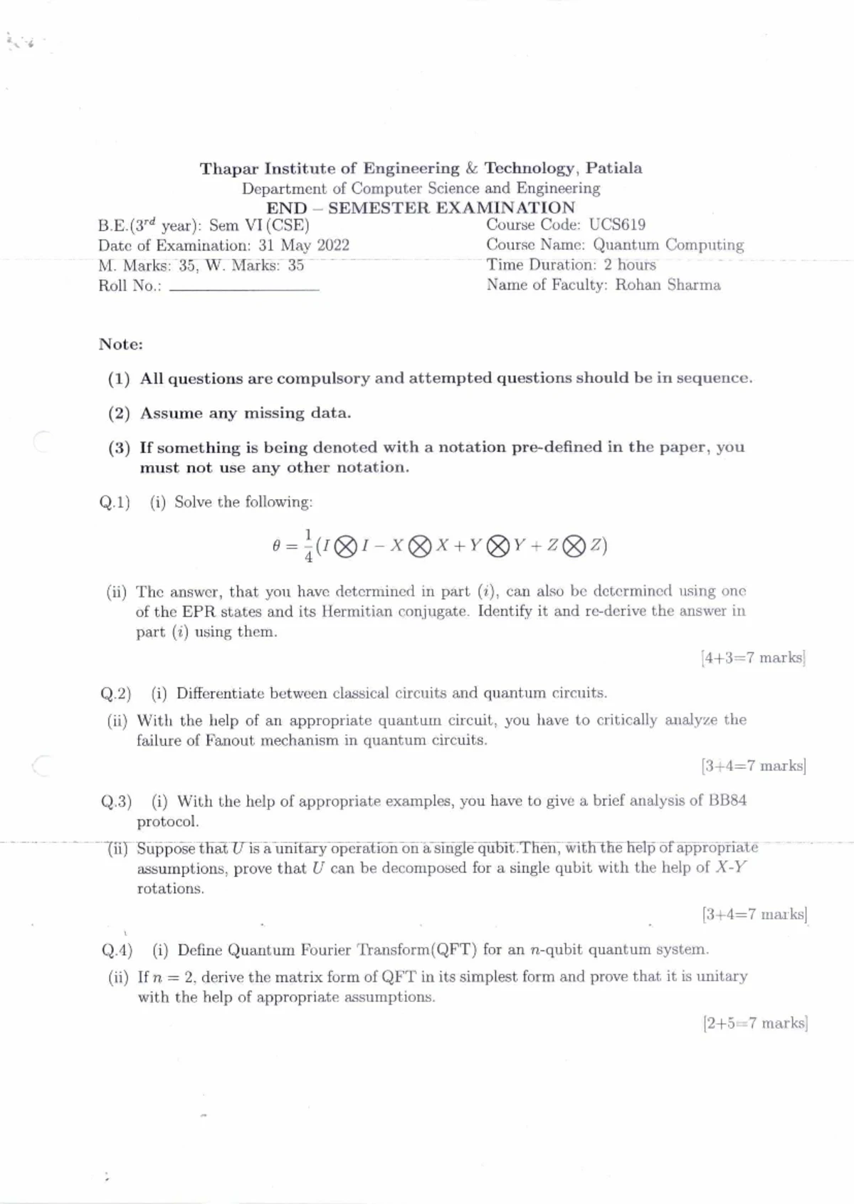 UCS619 - Quantum Computing Exam Notes and Solutions (May 2022) - Studocu