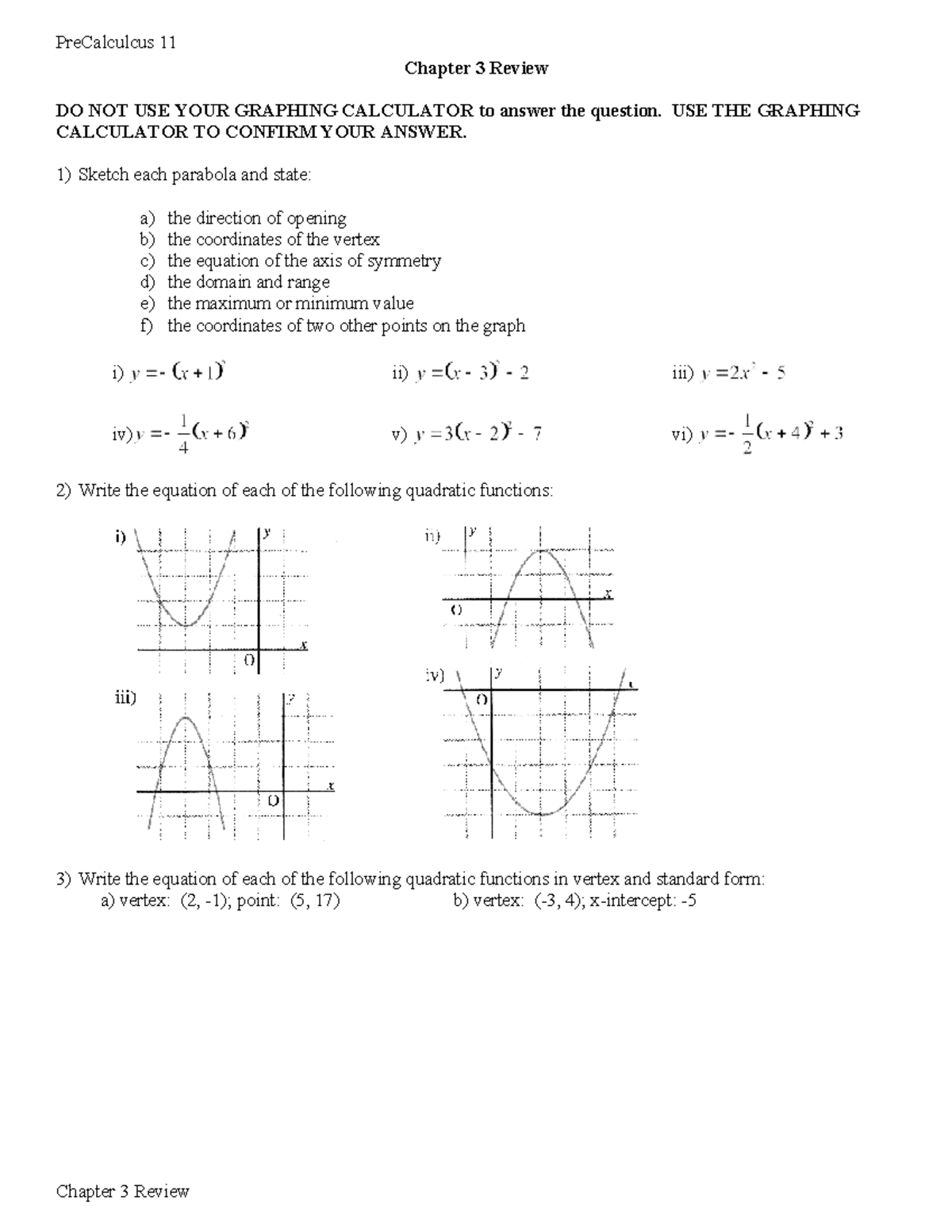 PreCalculus 11 Chapter 3 Review: Parabolas and Quadratic Functions ...
