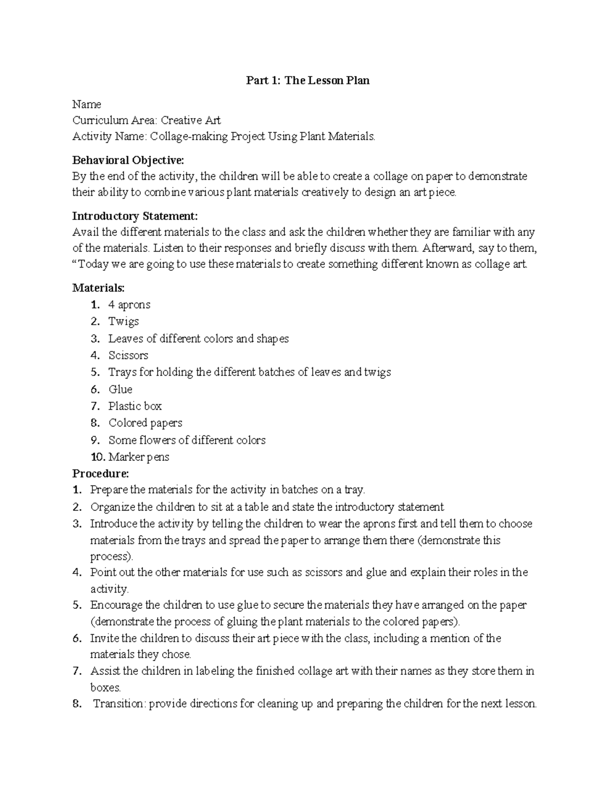 Activity Plan 1 Creative Art - Part 1: The Lesson Plan Name Curriculum ...