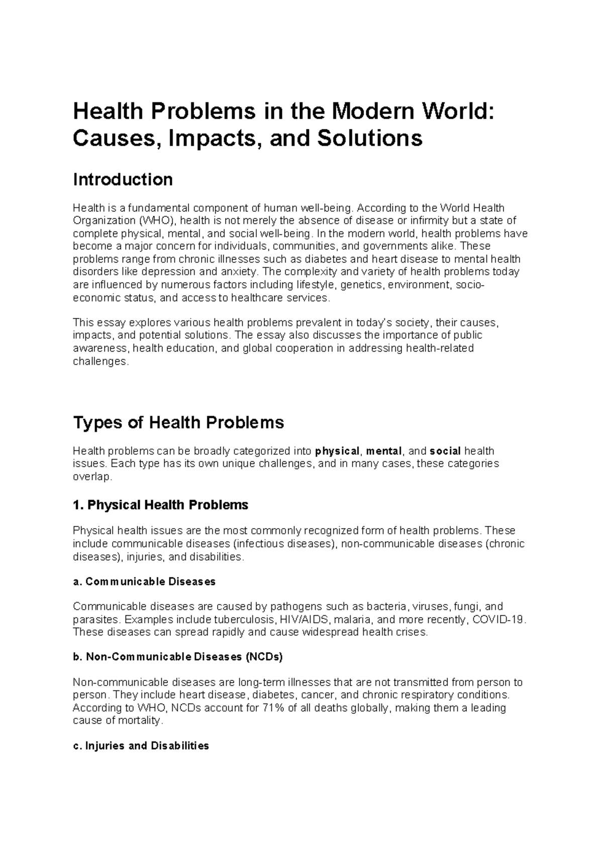 Health Problems in the Modern World: Causes, Impacts, and Solutions ...