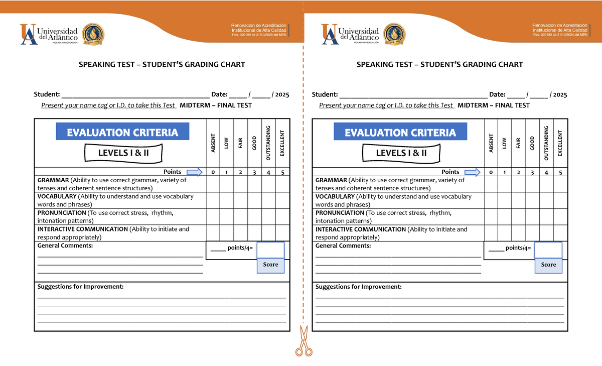 SPEAKING TEST GRADING SHEET - LEVELS 1 & 2 - MIDTERM - Studocu