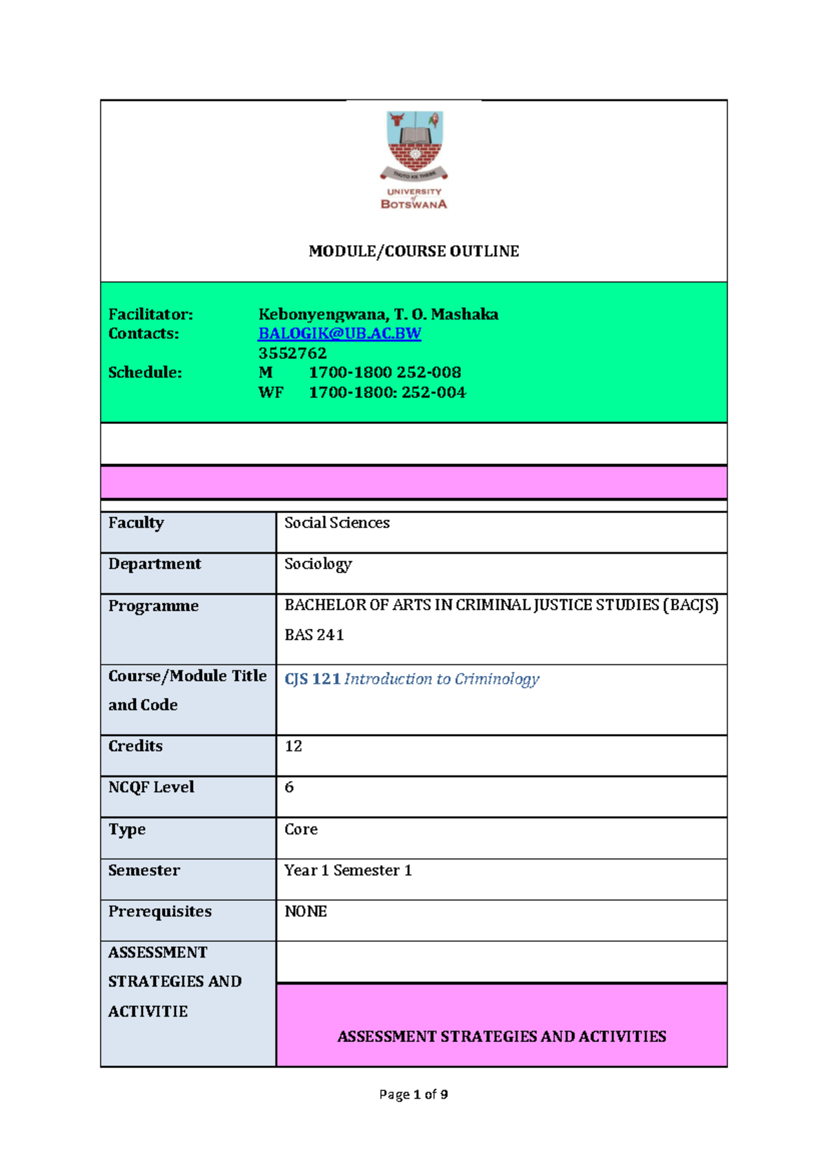 CJS 121 Introduction to Criminology Teaching Plan & Assessment Criteria ...