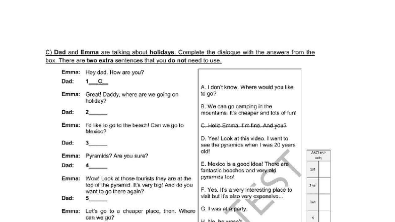 KIDS 4 - Final Exam Dialogue Completion and Questions - Studocu
