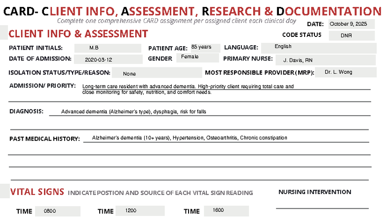 CARD Assignment: Client Assessment & Care Plan for M.B. - Studocu