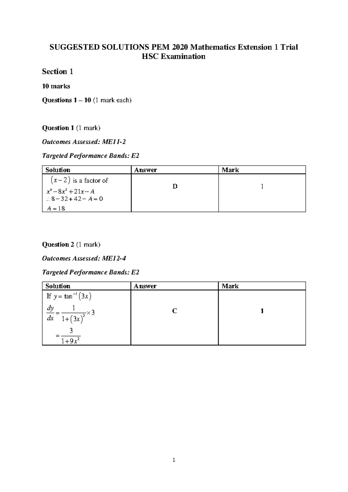 2024 HSC Mathematics Extension 1 Independent Trial Exam Guidelines ...