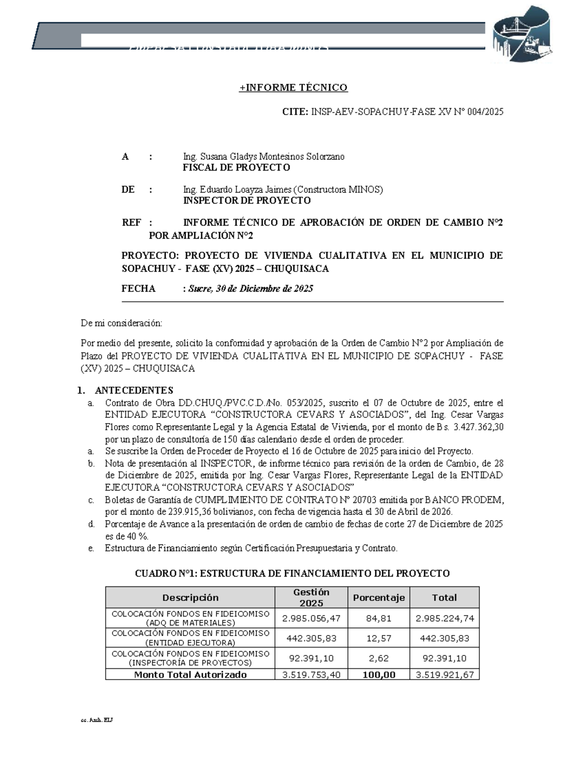 Informe Técnico de Aprobación de Orden de Cambio - Proyecto XV A 2025 - Document Preview