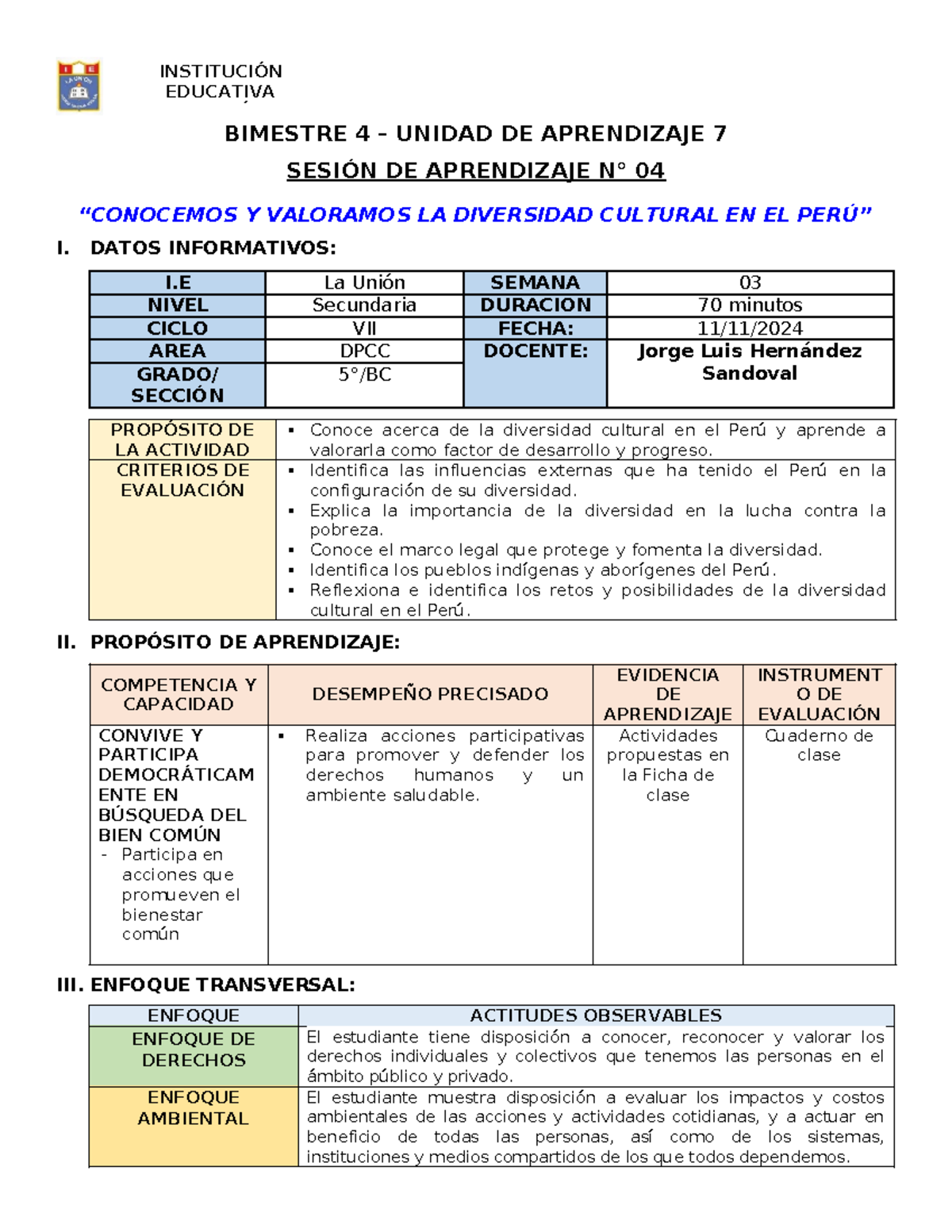 Sesión de Aprendizaje 04 - Unidad 7 - DPCC 5° BC - Diversidad Cultural ...