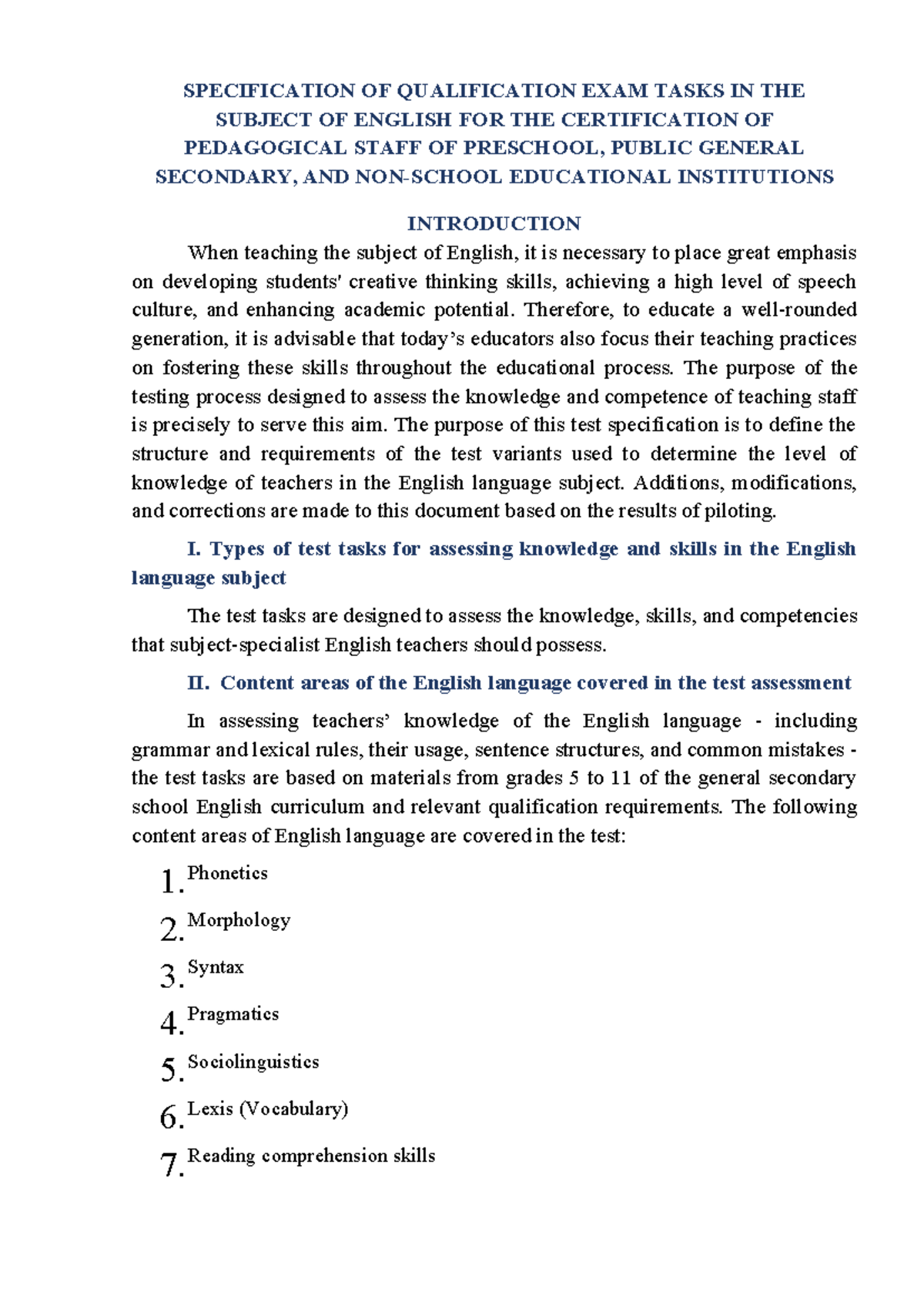 SPECIFICATION OF ENGLISH QUALIFICATION EXAM TASKS FOR TEACHERS 2025 ...
